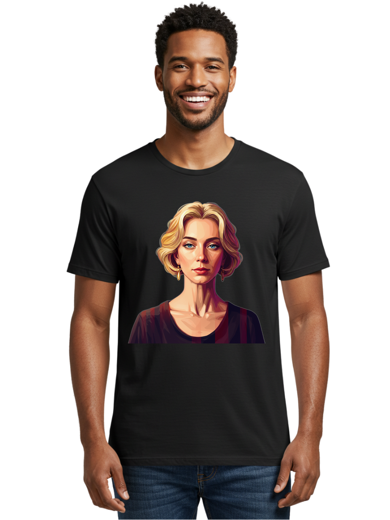 Blonde-Woman-Portrait Men'S Graphic Tee, 100% Cotton, Comfortable Casual Summer Wear, Machine Washable, Woman With Blonde Hair, Blue Eyes, Red Lips, Gold Earrings, Dark Red Top, Neck Wrinkles, Digital Art, Portrait, Fashion Illustration, Bac640