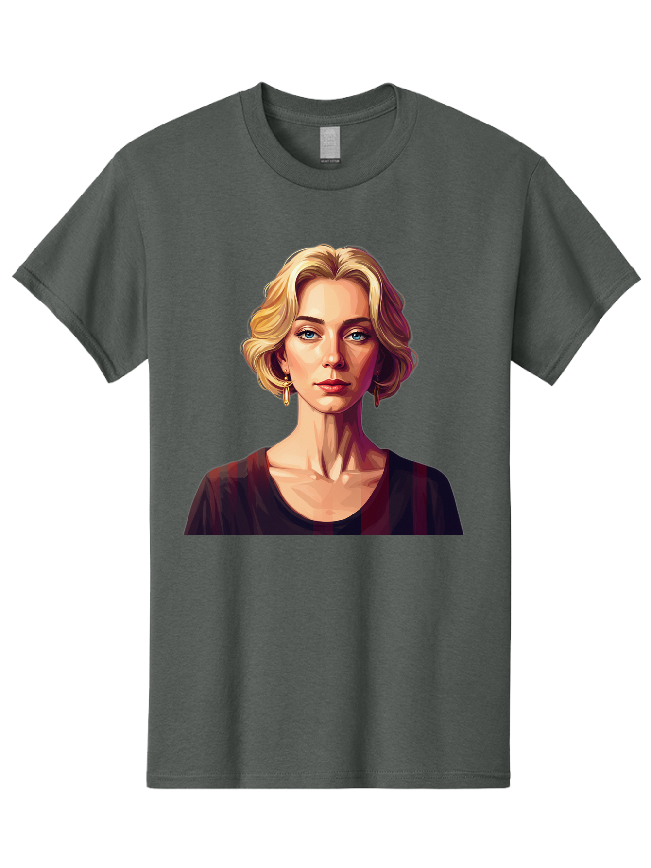 Blonde-Woman-Portrait Men'S Graphic Tee, 100% Cotton, Comfortable Casual Summer Wear, Machine Washable, Woman With Blonde Hair, Blue Eyes, Red Lips, Gold Earrings, Dark Red Top, Neck Wrinkles, Digital Art, Portrait, Fashion Illustration, Bac640