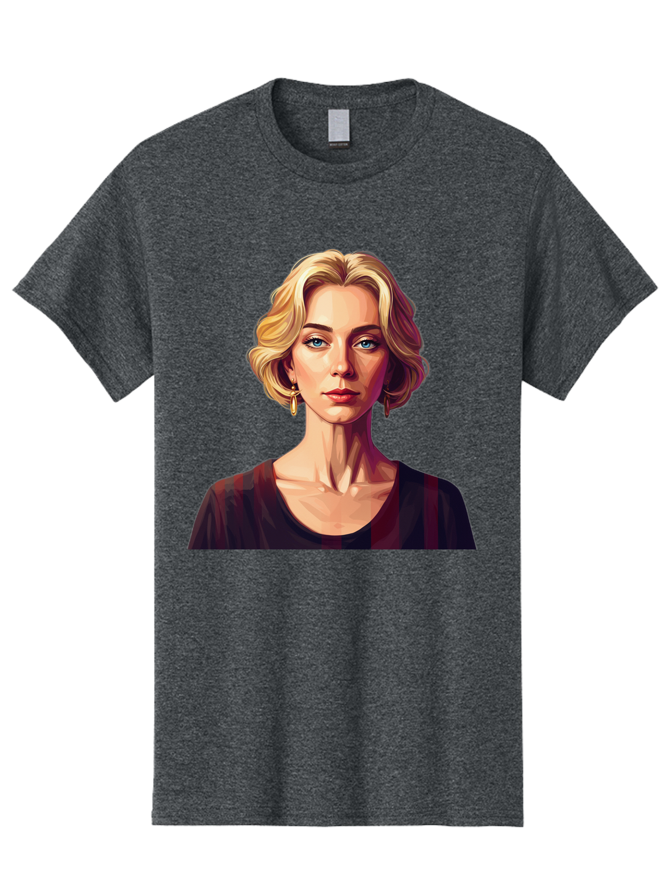 Blonde-Woman-Portrait Men'S Graphic Tee, 100% Cotton, Comfortable Casual Summer Wear, Machine Washable, Woman With Blonde Hair, Blue Eyes, Red Lips, Gold Earrings, Dark Red Top, Neck Wrinkles, Digital Art, Portrait, Fashion Illustration, Bac640