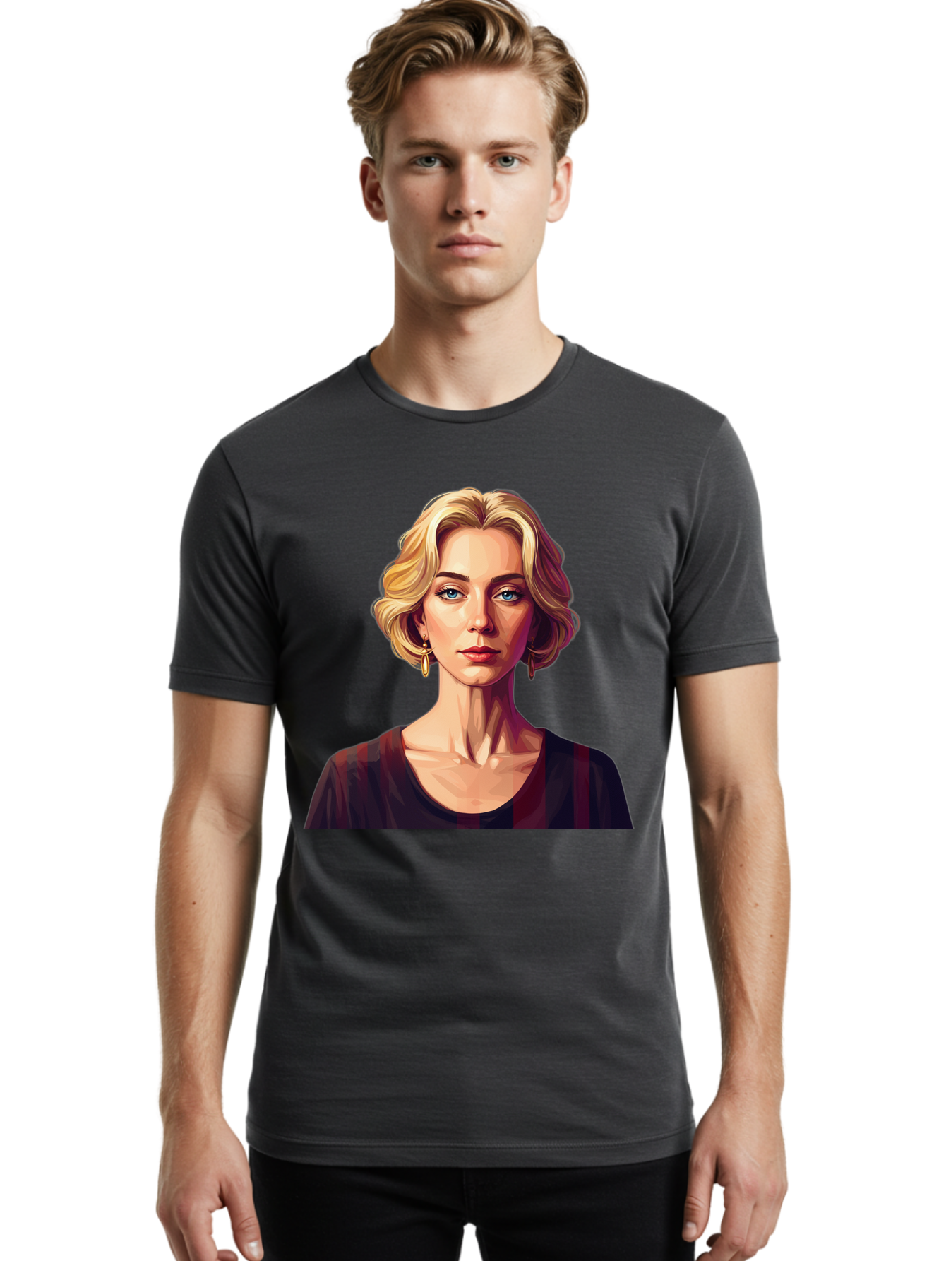 Blonde-Woman-Portrait Men'S Graphic Tee, 100% Cotton, Comfortable Casual Summer Wear, Machine Washable, Woman With Blonde Hair, Blue Eyes, Red Lips, Gold Earrings, Dark Red Top, Neck Wrinkles, Digital Art, Portrait, Fashion Illustration, Bac640