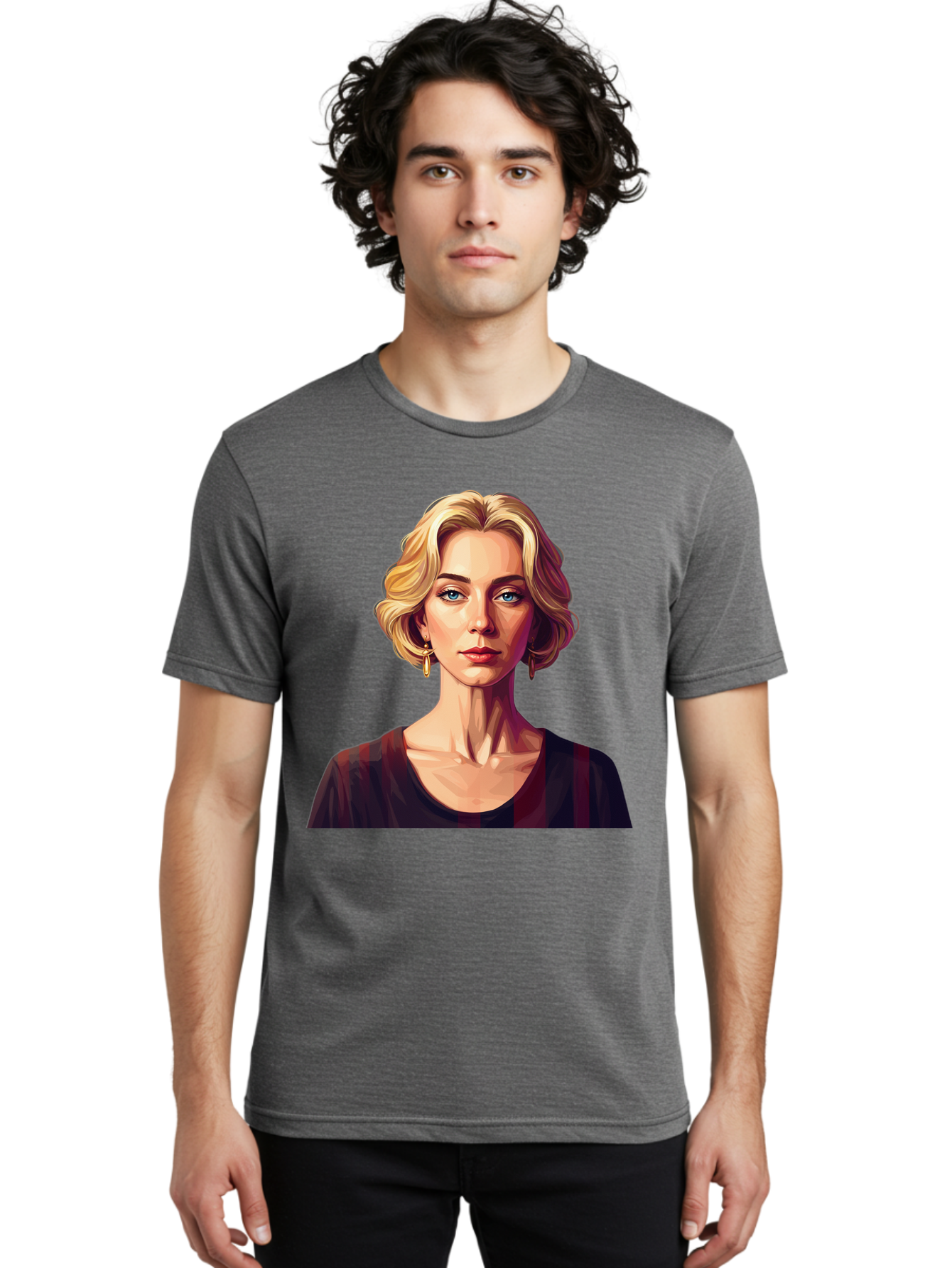 Blonde-Woman-Portrait Men'S Graphic Tee, 100% Cotton, Comfortable Casual Summer Wear, Machine Washable, Woman With Blonde Hair, Blue Eyes, Red Lips, Gold Earrings, Dark Red Top, Neck Wrinkles, Digital Art, Portrait, Fashion Illustration, Bac640