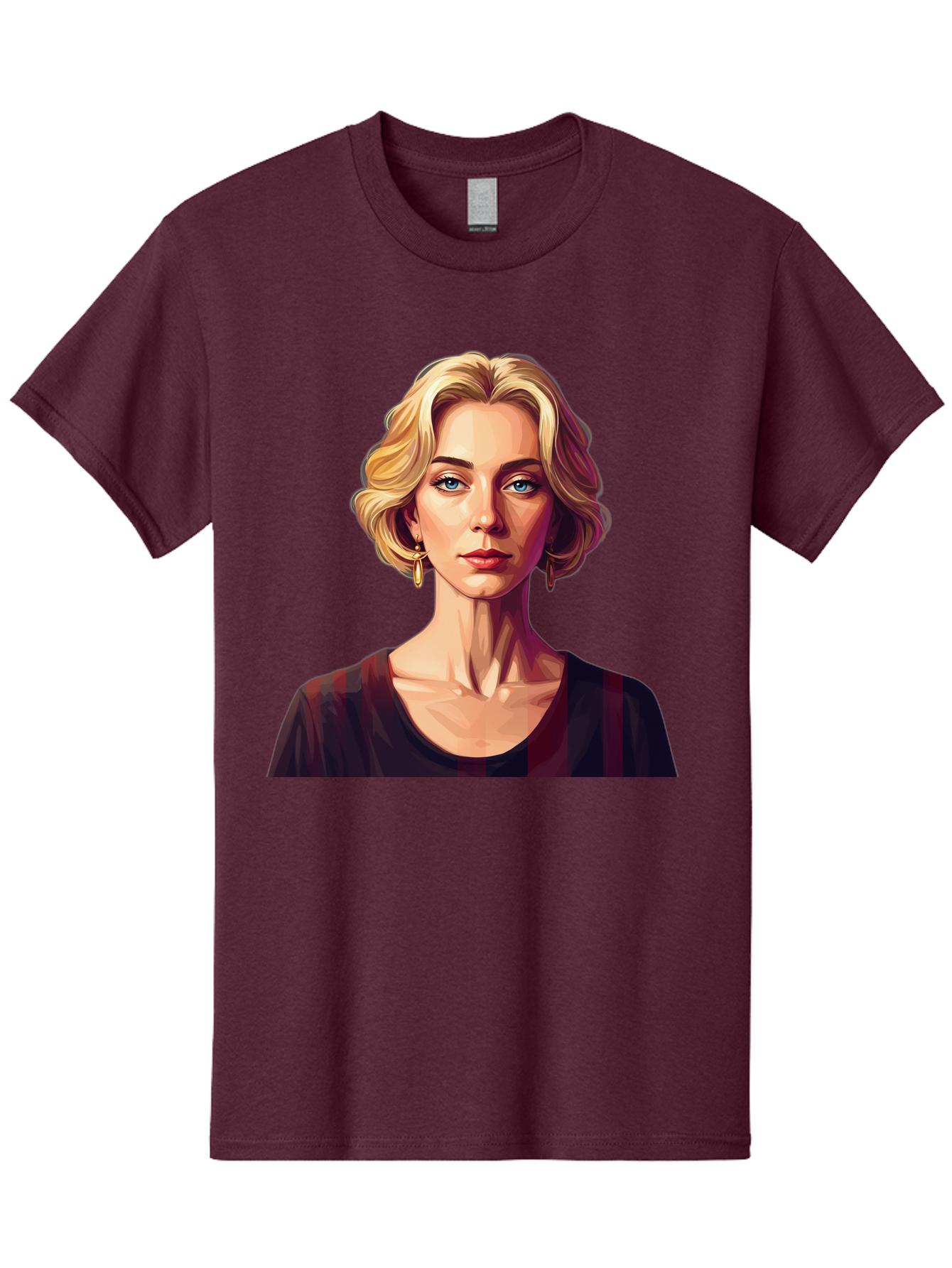 Blonde-Woman-Portrait Men'S Graphic Tee, 100% Cotton, Comfortable Casual Summer Wear, Machine Washable, Woman With Blonde Hair, Blue Eyes, Red Lips, Gold Earrings, Dark Red Top, Neck Wrinkles, Digital Art, Portrait, Fashion Illustration, Bac640
