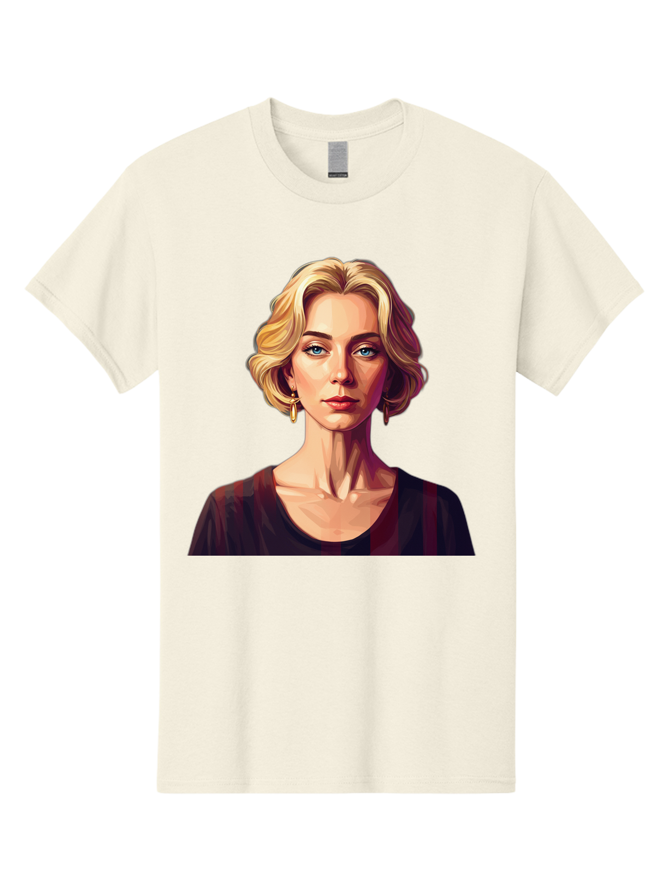 Blonde-Woman-Portrait Men'S Graphic Tee, 100% Cotton, Comfortable Casual Summer Wear, Machine Washable, Woman With Blonde Hair, Blue Eyes, Red Lips, Gold Earrings, Dark Red Top, Neck Wrinkles, Digital Art, Portrait, Fashion Illustration, Bac640