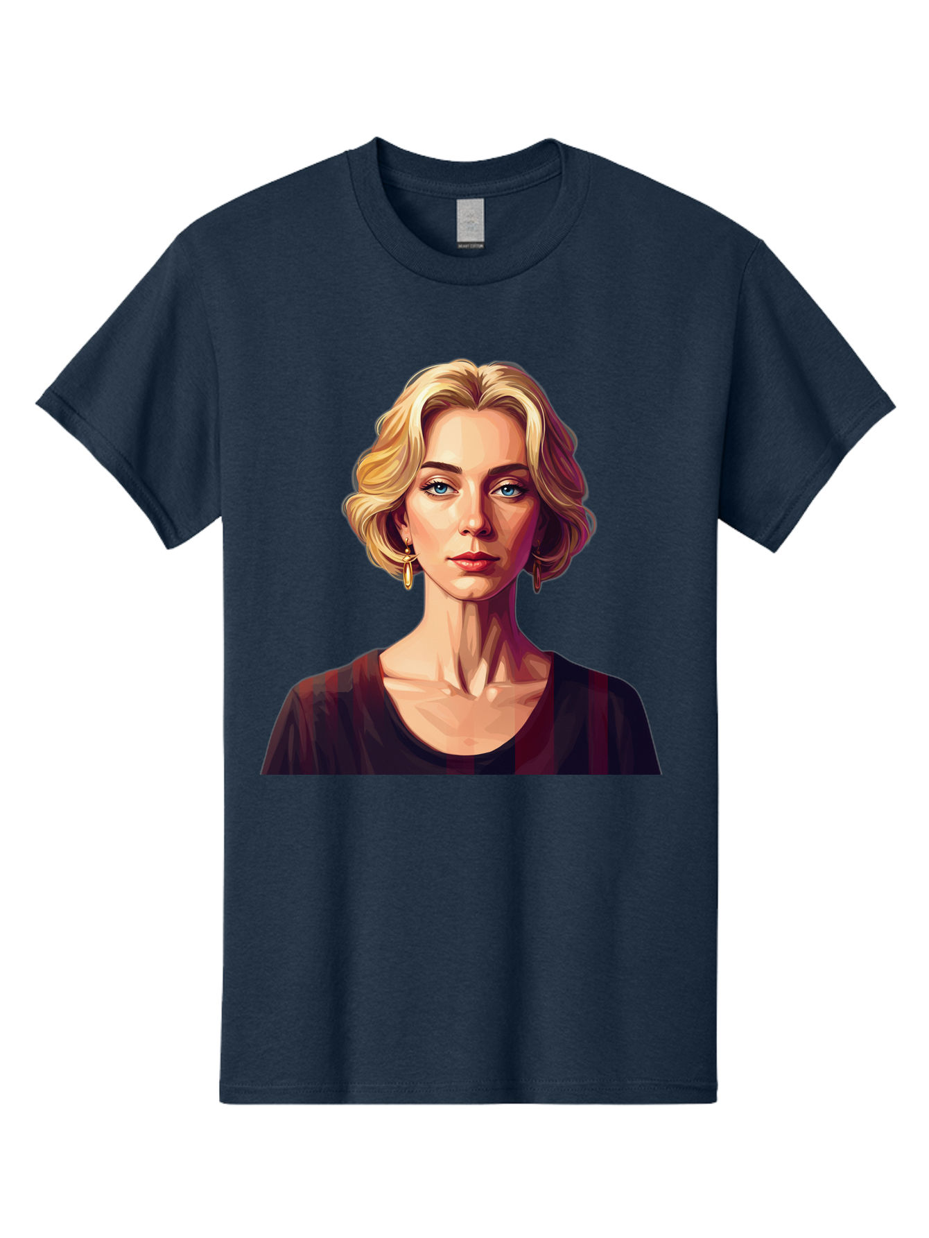 Blonde-Woman-Portrait Men'S Graphic Tee, 100% Cotton, Comfortable Casual Summer Wear, Machine Washable, Woman With Blonde Hair, Blue Eyes, Red Lips, Gold Earrings, Dark Red Top, Neck Wrinkles, Digital Art, Portrait, Fashion Illustration, Bac640