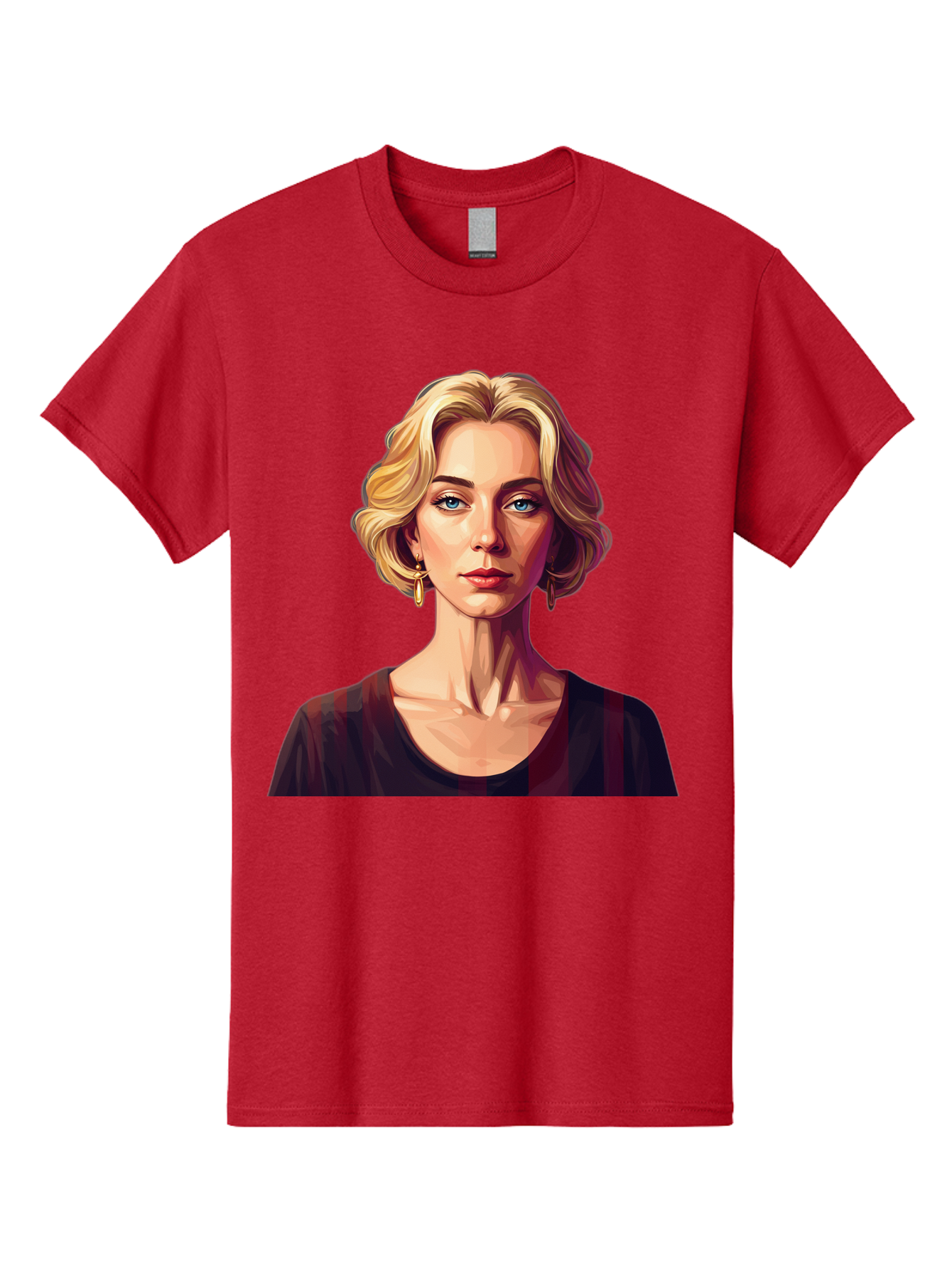 Blonde-Woman-Portrait Men'S Graphic Tee, 100% Cotton, Comfortable Casual Summer Wear, Machine Washable, Woman With Blonde Hair, Blue Eyes, Red Lips, Gold Earrings, Dark Red Top, Neck Wrinkles, Digital Art, Portrait, Fashion Illustration, Bac640