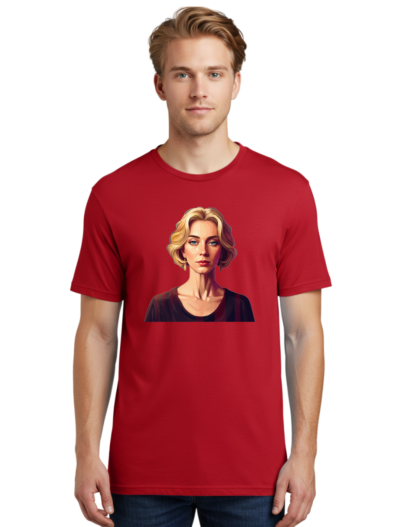 Blonde-Woman-Portrait Men'S Graphic Tee, 100% Cotton, Comfortable Casual Summer Wear, Machine Washable, Woman With Blonde Hair, Blue Eyes, Red Lips, Gold Earrings, Dark Red Top, Neck Wrinkles, Digital Art, Portrait, Fashion Illustration, Bac640
