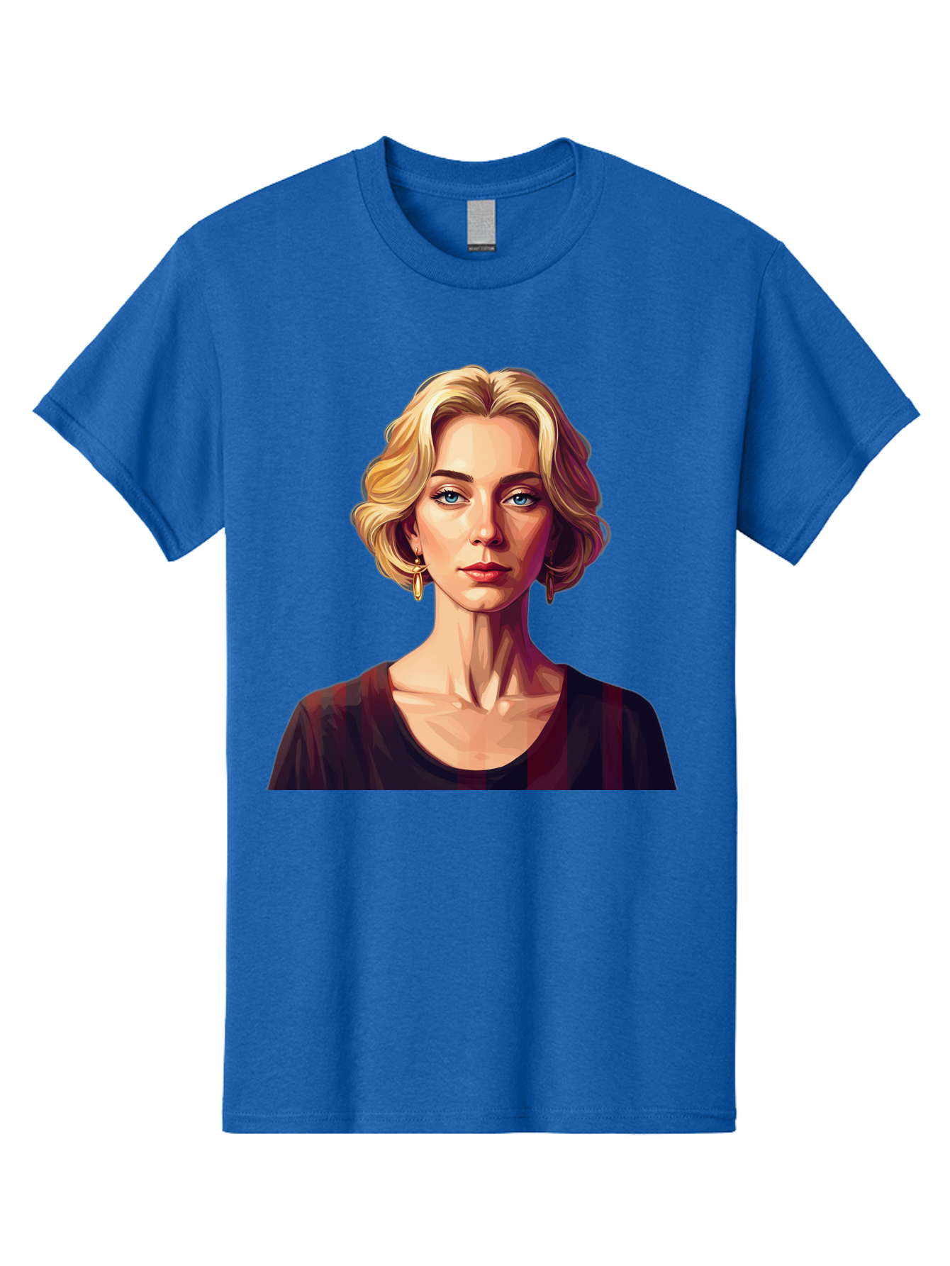 Blonde-Woman-Portrait Men'S Graphic Tee, 100% Cotton, Comfortable Casual Summer Wear, Machine Washable, Woman With Blonde Hair, Blue Eyes, Red Lips, Gold Earrings, Dark Red Top, Neck Wrinkles, Digital Art, Portrait, Fashion Illustration, Bac640