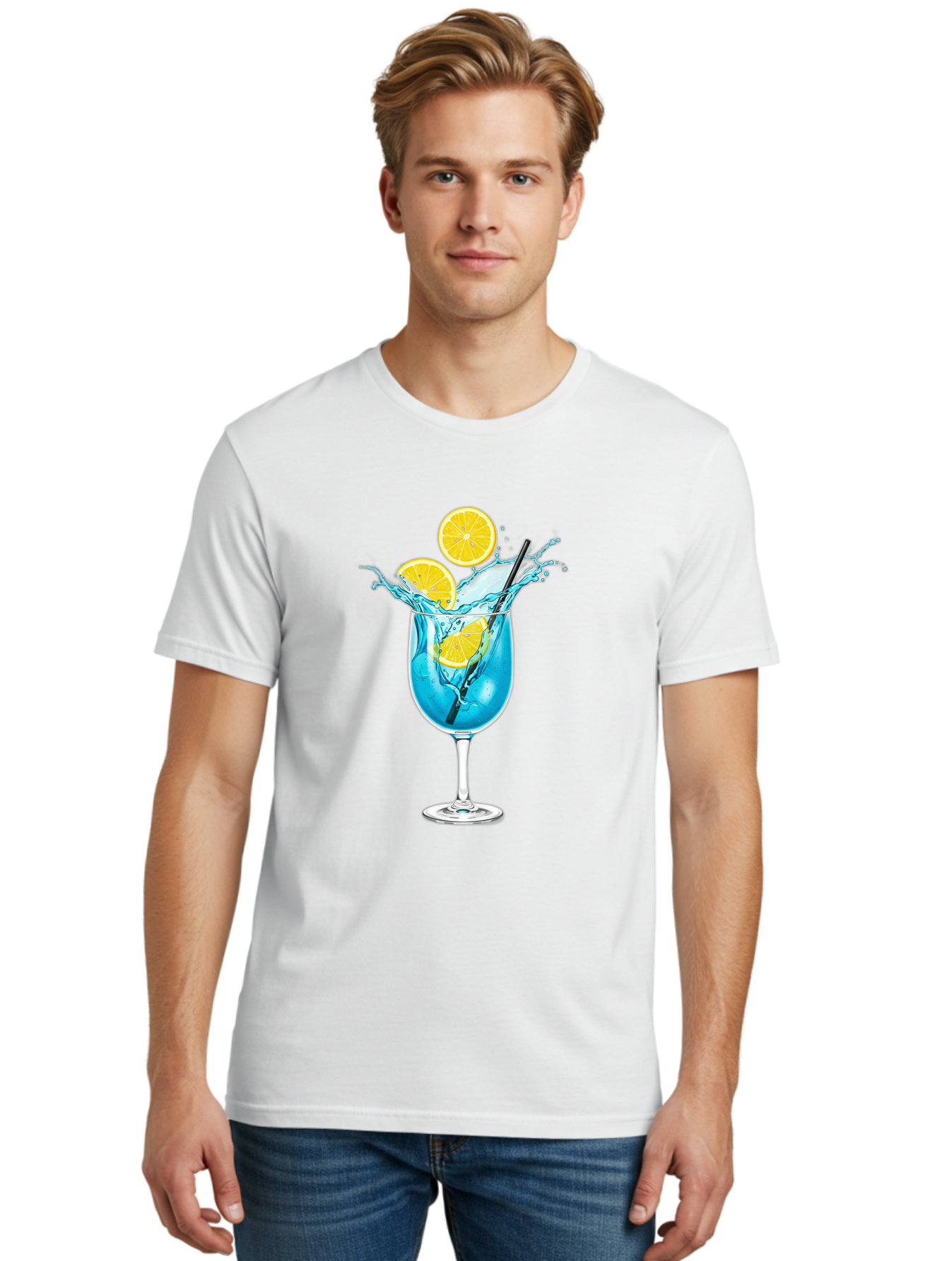 Blue-Cocktail Men'S Graphic Tee, 100% Cotton, Comfortable Casual Summer Wear, Machine Washable, Refreshing Cocktail, Blue Drink, Citrus Slices, Black Straw, Splashing Water, Summer Vibes, Cocktail Hour, Citrusy Flavors Bac641