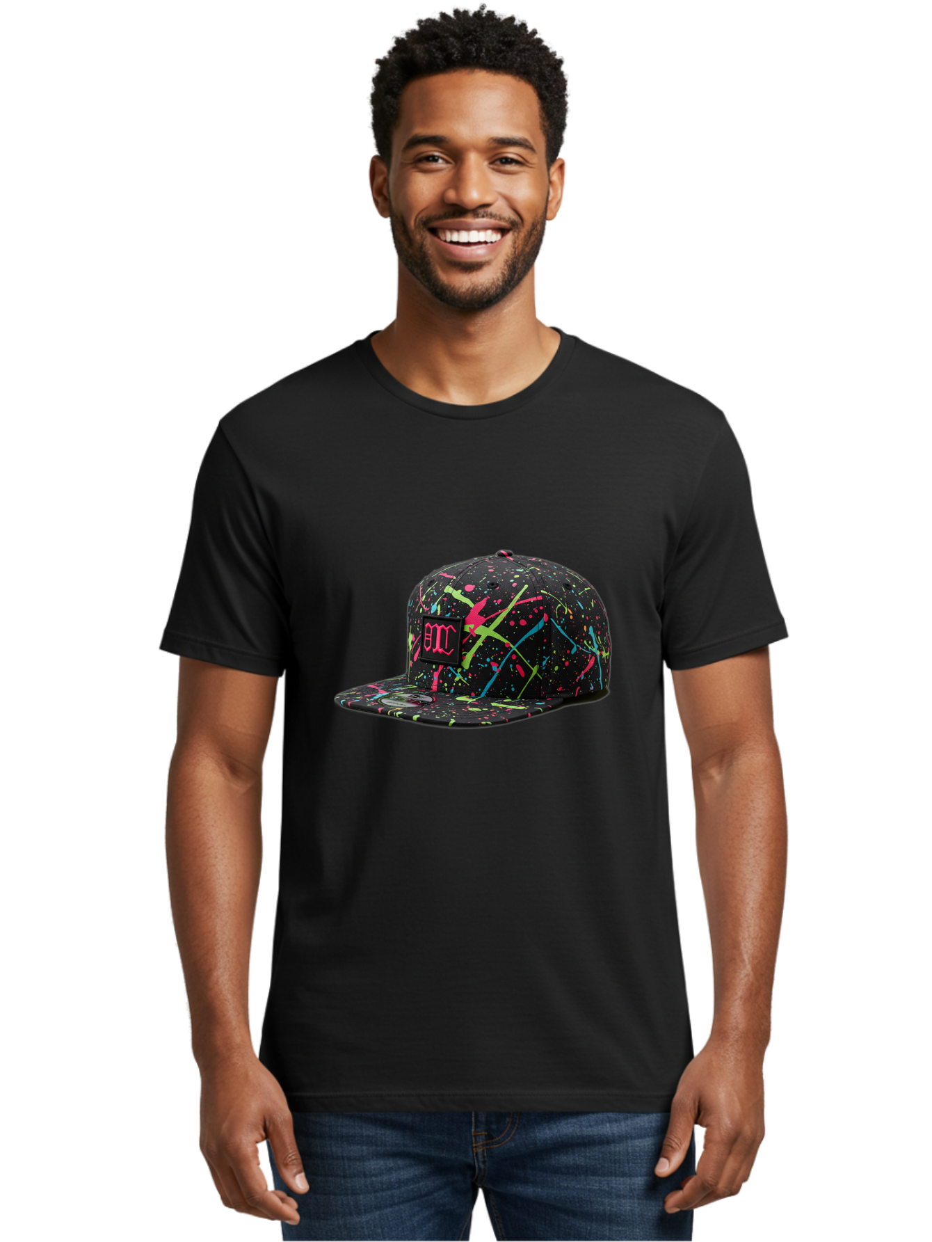 Bmc-Paint-Splatter-Baseball-Cap Men'S Graphic Tee, 100% Cotton, Comfortable Casual Summer Wear, Machine Washable, Splatter Cap, Streetwear Fashion, Bold Design, Neon Colors, Trendy Hat, Emc Logo, Vibrant Splatters, Urban Style, Edgy Caps Bac642