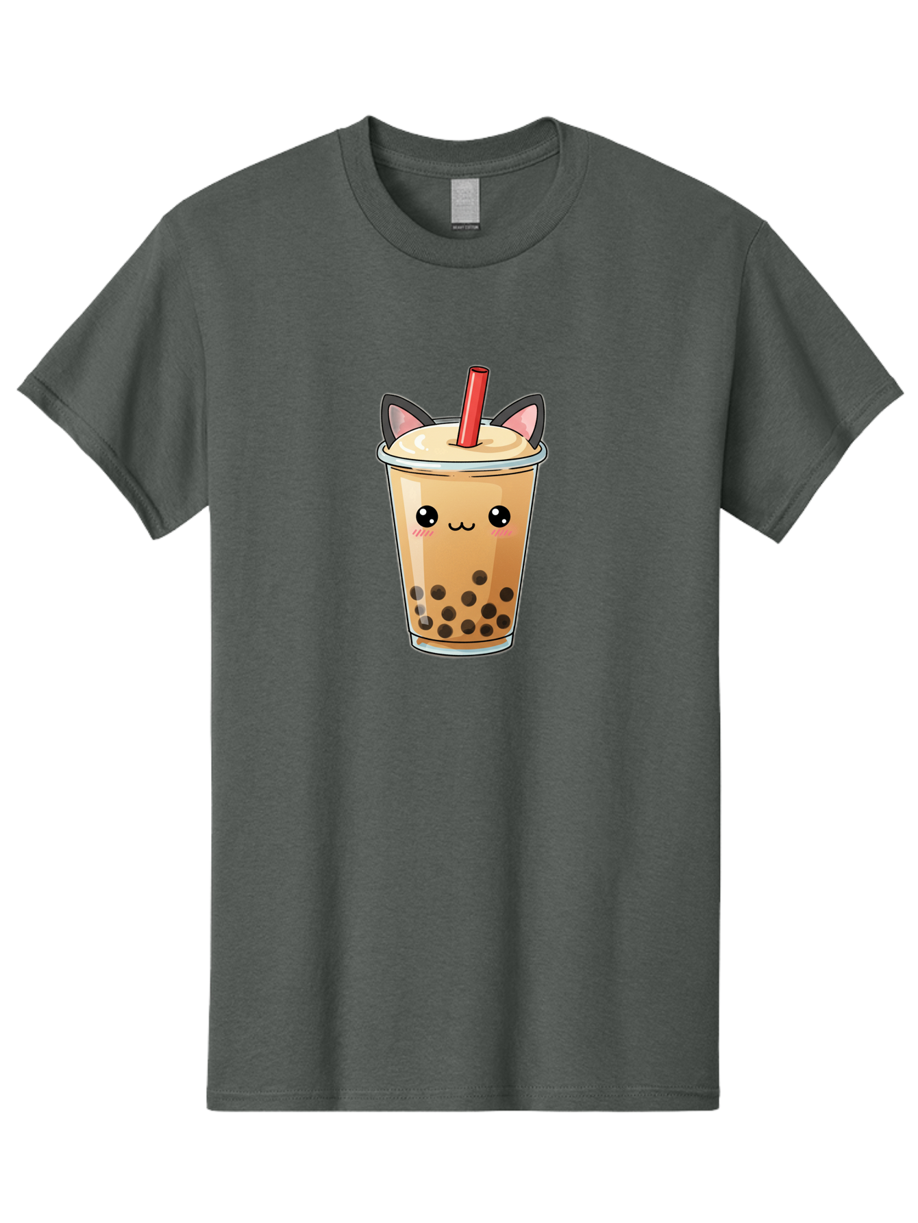 Boba-Cat Men'S Graphic Tee, 100% Cotton, Comfortable Casual Summer Wear, Machine Washable, Boba Tea, Milk Tea, Bubble Tea, Kawaii Culture, Cute Drink, Cartoon Character, Red Straw, Black Boba, Adorable Face, Anime Style, Tea Lover, Bac643