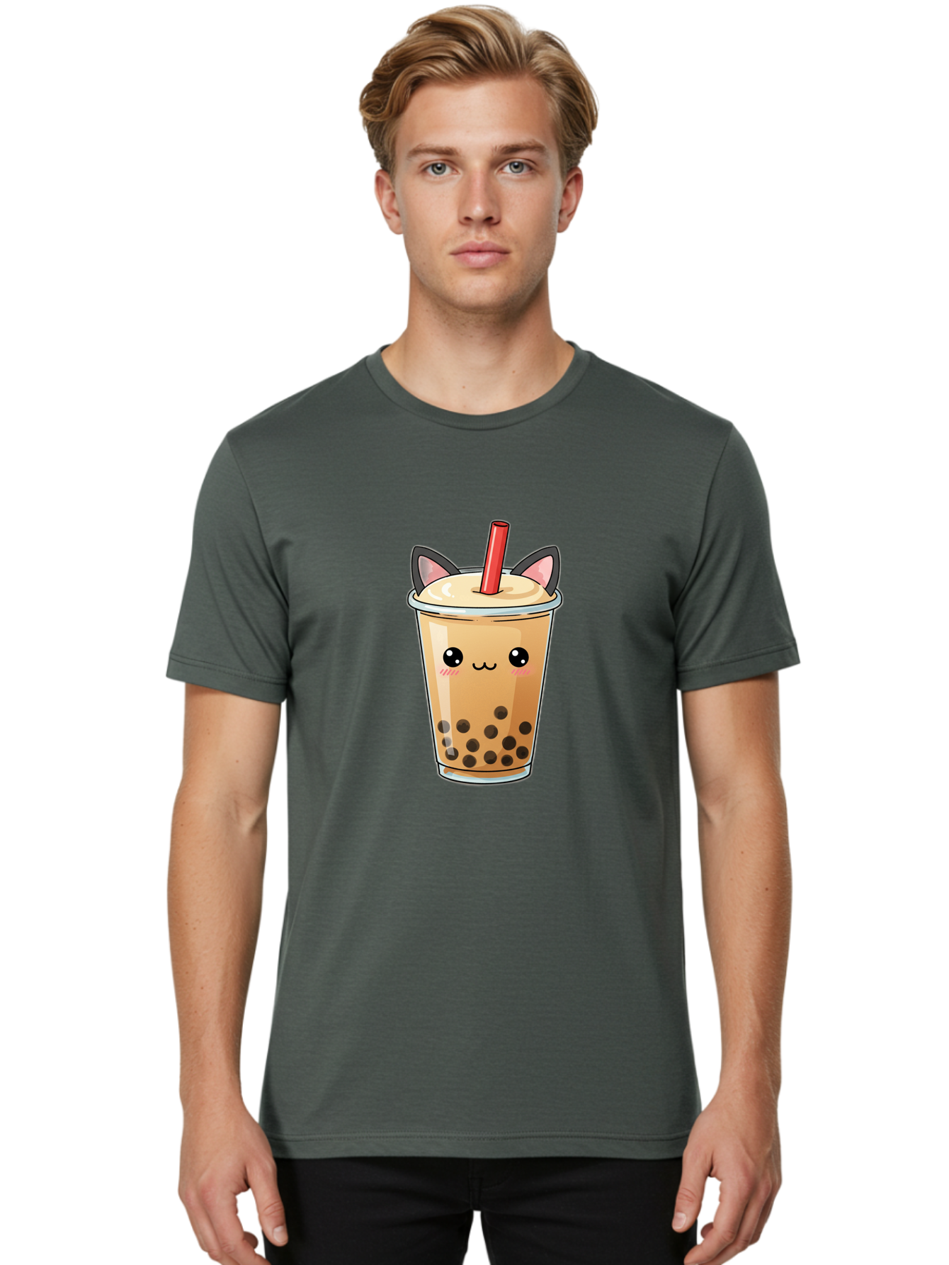 Boba-Cat Men'S Graphic Tee, 100% Cotton, Comfortable Casual Summer Wear, Machine Washable, Boba Tea, Milk Tea, Bubble Tea, Kawaii Culture, Cute Drink, Cartoon Character, Red Straw, Black Boba, Adorable Face, Anime Style, Tea Lover, Bac643