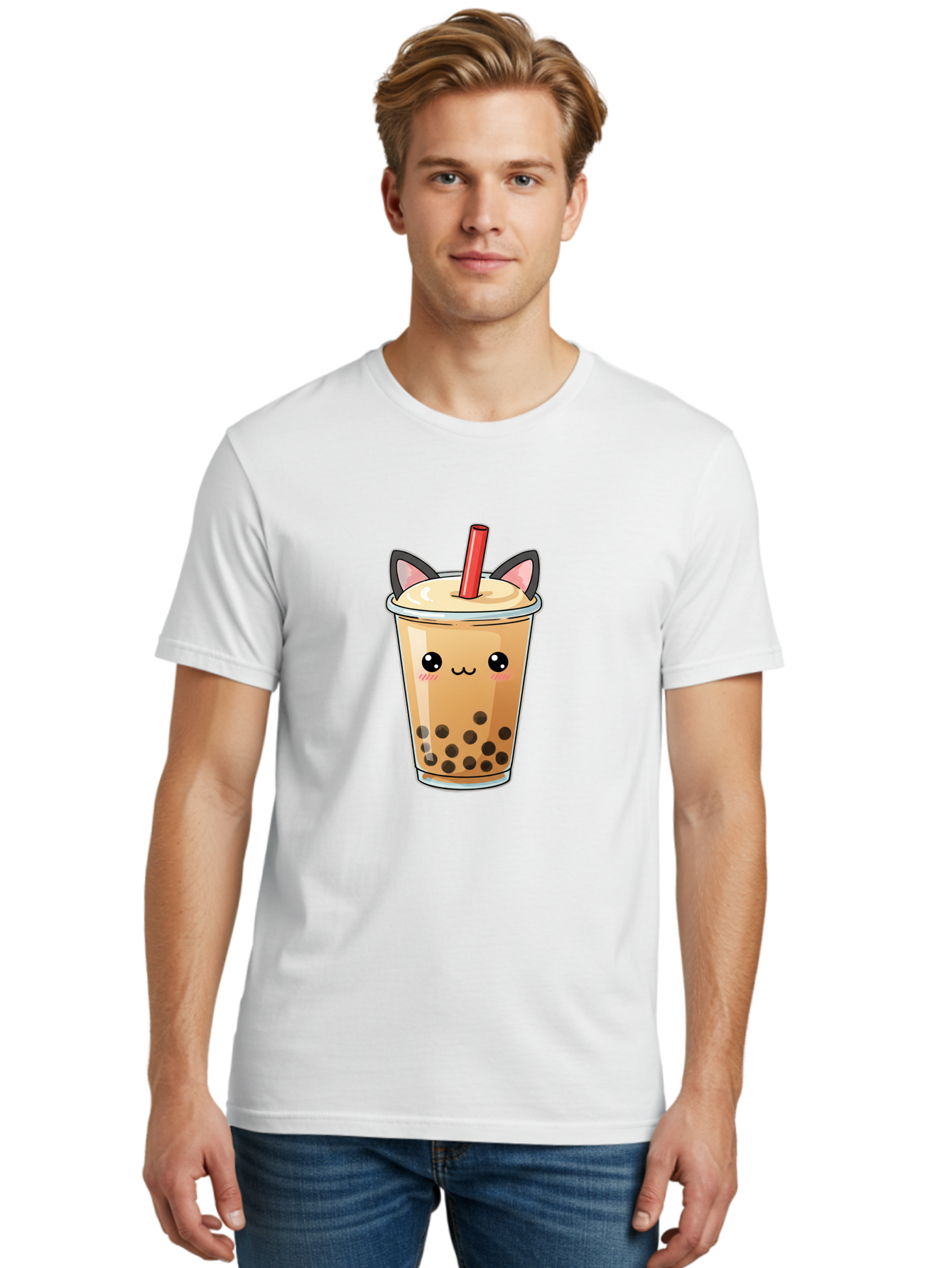 Boba-Cat Men'S Graphic Tee, 100% Cotton, Comfortable Casual Summer Wear, Machine Washable, Boba Tea, Milk Tea, Bubble Tea, Kawaii Culture, Cute Drink, Cartoon Character, Red Straw, Black Boba, Adorable Face, Anime Style, Tea Lover, Bac643