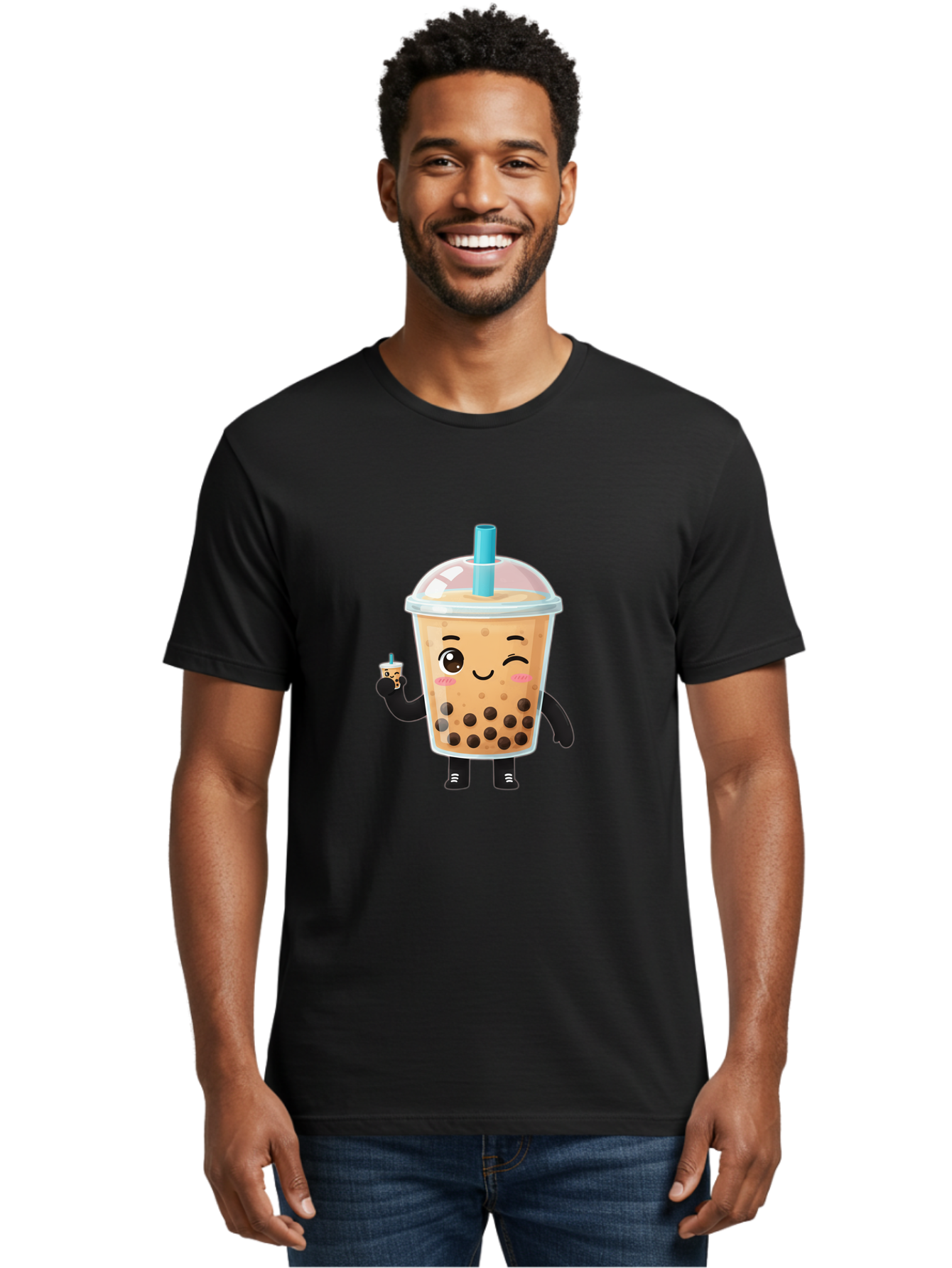 Boba-Character Men'S Graphic Tee, 100% Cotton, Comfortable Casual Summer Wear, Machine Washable, Boba Tea, Bubble Tea, Cute Character, Smiling Cup, Black Boba, Tea Drink, Beverage Character, Happy Face, Cartoon Style, Tea Lover Bac644