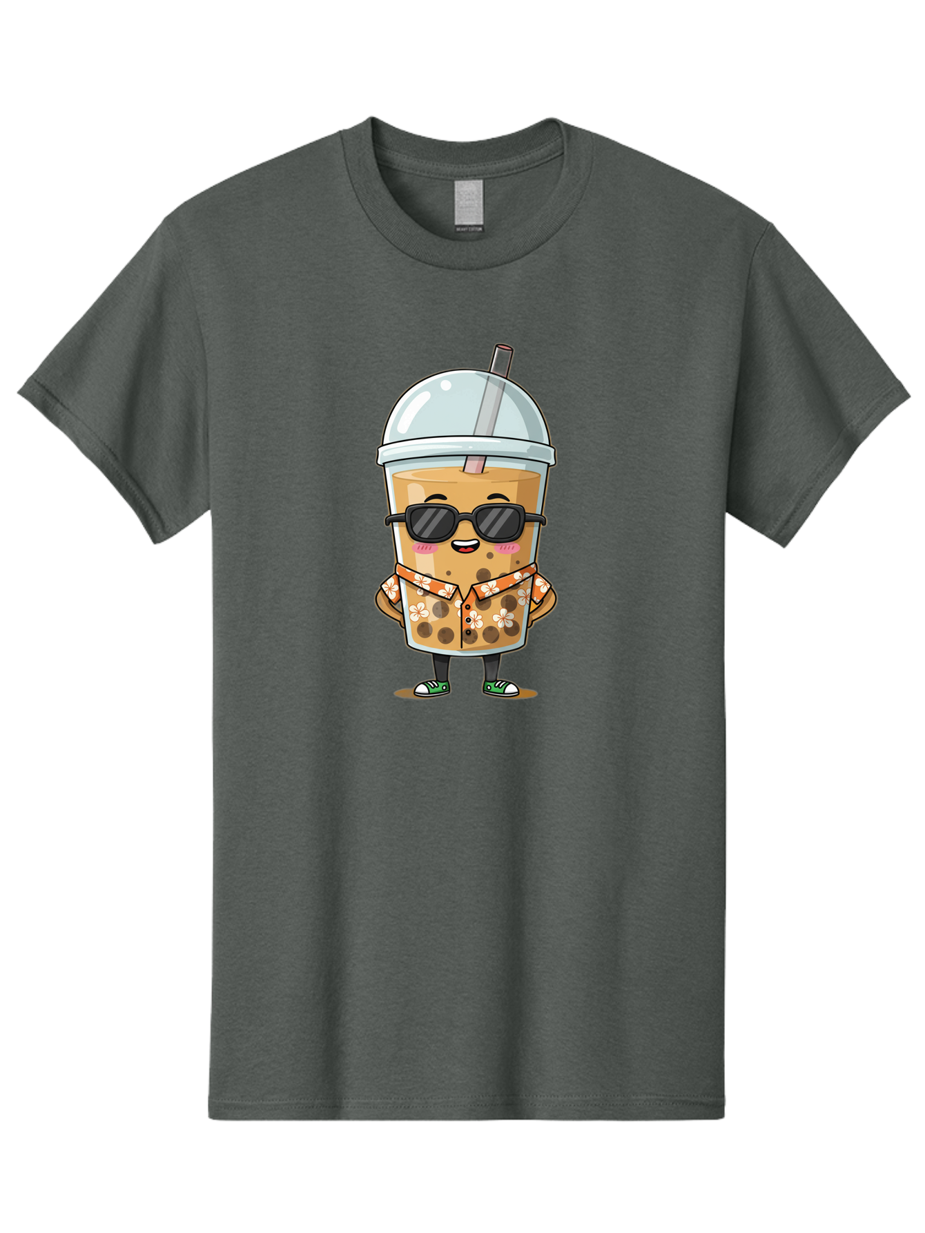 Boba-Cool Men'S Graphic Tee, 100% Cotton, Comfortable Casual Summer Wear, Machine Washable, Bubble Tea Character, Kawaii Drink, Sunglasses, Floral Shirt, Cute Cartoon, Boba Tea, Happy Expression, Trendy Vibe, Refreshing Beverage Bac645