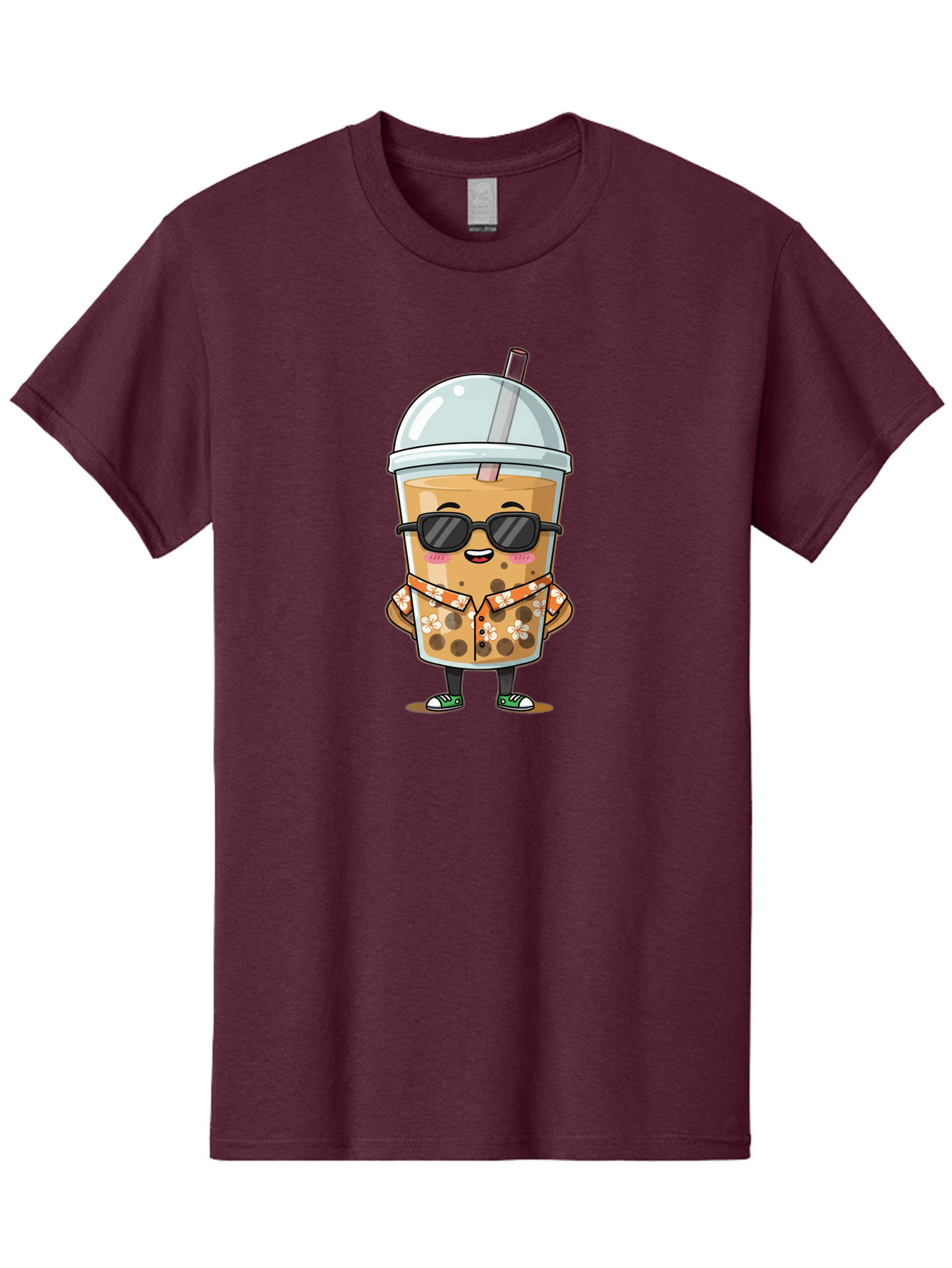 Boba-Cool Men'S Graphic Tee, 100% Cotton, Comfortable Casual Summer Wear, Machine Washable, Bubble Tea Character, Kawaii Drink, Sunglasses, Floral Shirt, Cute Cartoon, Boba Tea, Happy Expression, Trendy Vibe, Refreshing Beverage Bac645