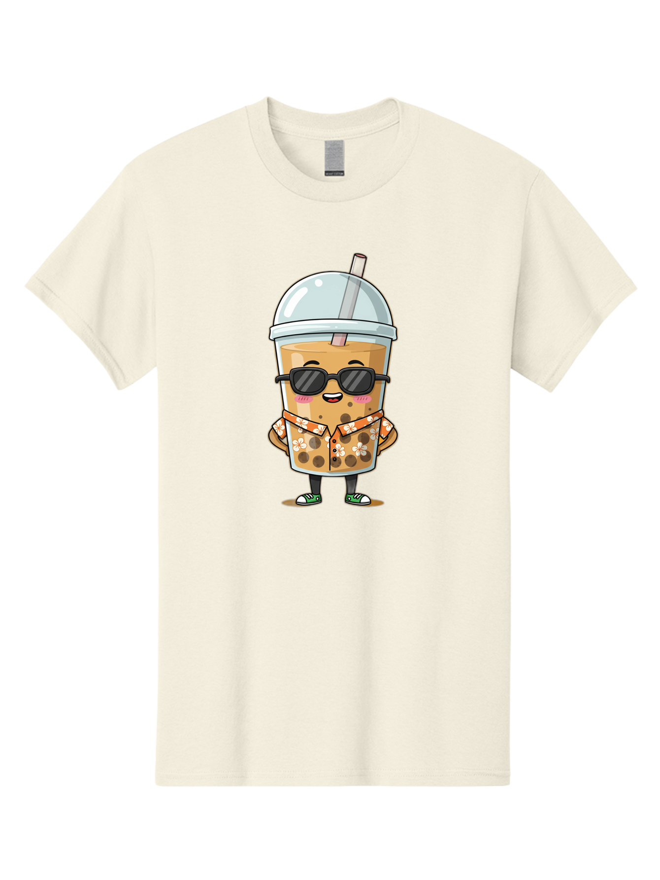 Boba-Cool Men'S Graphic Tee, 100% Cotton, Comfortable Casual Summer Wear, Machine Washable, Bubble Tea Character, Kawaii Drink, Sunglasses, Floral Shirt, Cute Cartoon, Boba Tea, Happy Expression, Trendy Vibe, Refreshing Beverage Bac645