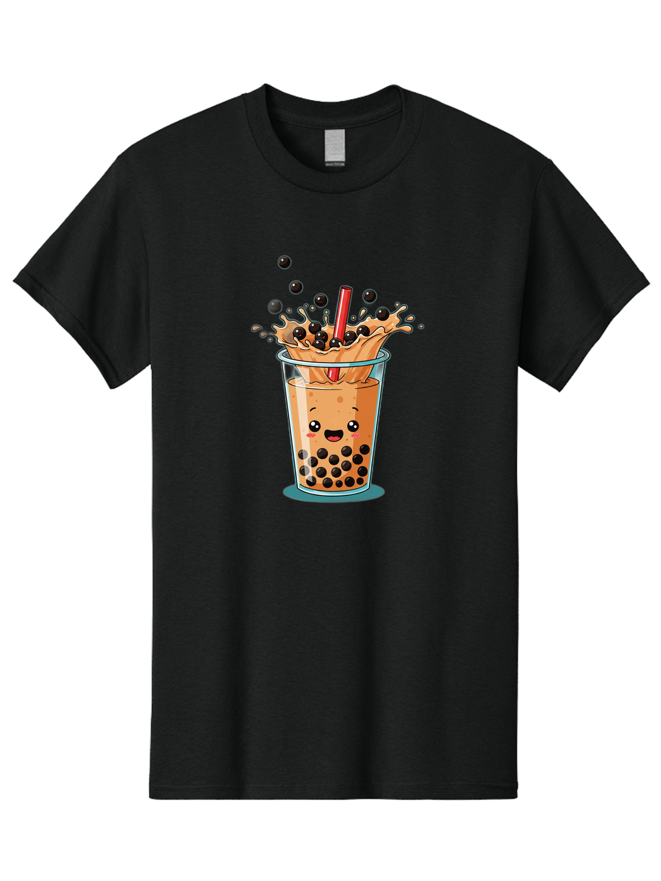 Boba-Drink Men'S Graphic Tee, 100% Cotton, Comfortable Casual Summer Wear, Machine Washable, Boba Tea, Milk Tea, Bubble Tea, Cartoon Illustration, Happy Face, Red Straw, Splashing Tapioca Pearls, Sweet Drink, Fun Beverage, Cute Design Bac646