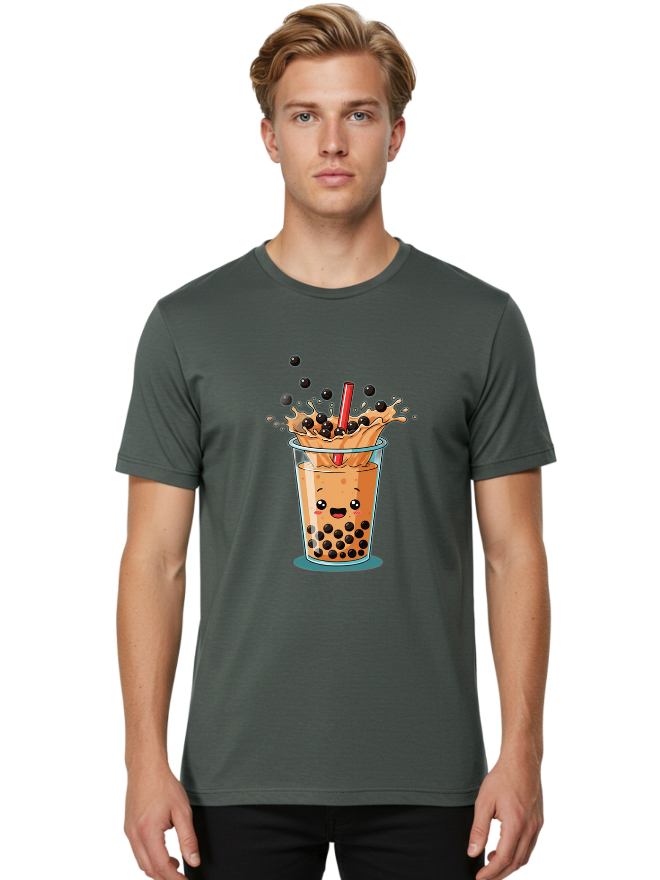 Boba-Drink Men'S Graphic Tee, 100% Cotton, Comfortable Casual Summer Wear, Machine Washable, Boba Tea, Milk Tea, Bubble Tea, Cartoon Illustration, Happy Face, Red Straw, Splashing Tapioca Pearls, Sweet Drink, Fun Beverage, Cute Design Bac646