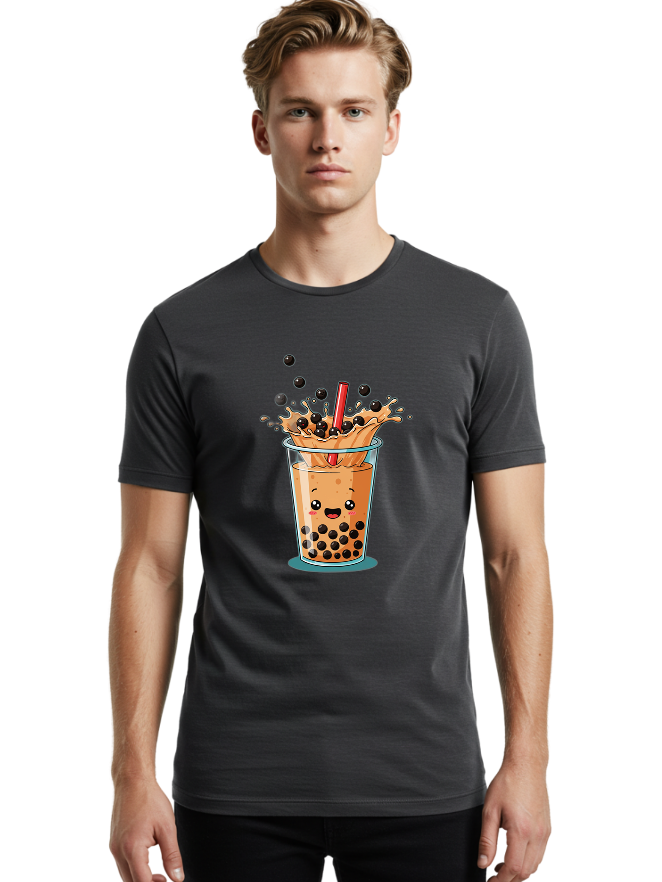 Boba-Drink Men'S Graphic Tee, 100% Cotton, Comfortable Casual Summer Wear, Machine Washable, Boba Tea, Milk Tea, Bubble Tea, Cartoon Illustration, Happy Face, Red Straw, Splashing Tapioca Pearls, Sweet Drink, Fun Beverage, Cute Design Bac646