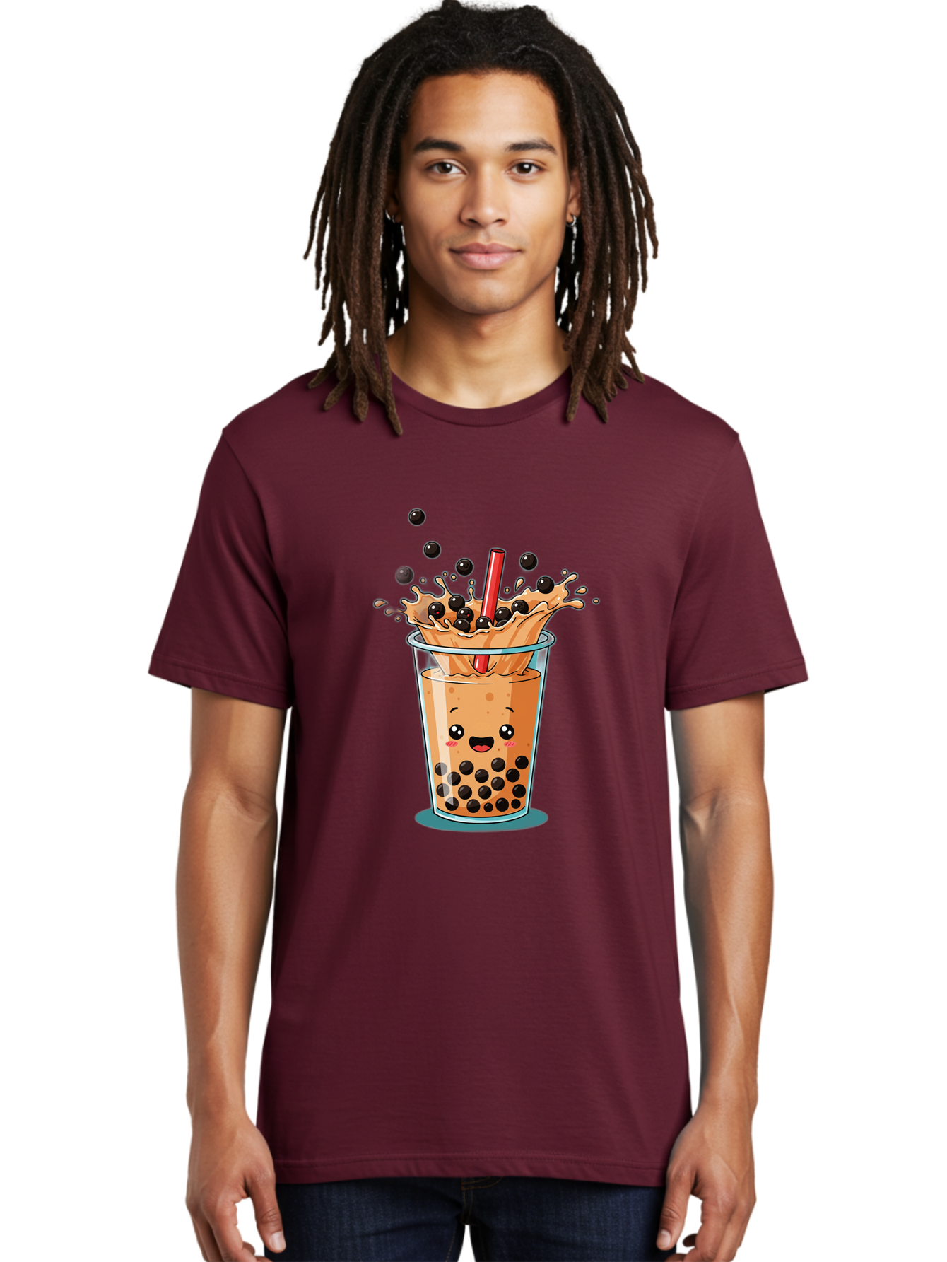 Boba-Drink Men'S Graphic Tee, 100% Cotton, Comfortable Casual Summer Wear, Machine Washable, Boba Tea, Milk Tea, Bubble Tea, Cartoon Illustration, Happy Face, Red Straw, Splashing Tapioca Pearls, Sweet Drink, Fun Beverage, Cute Design Bac646