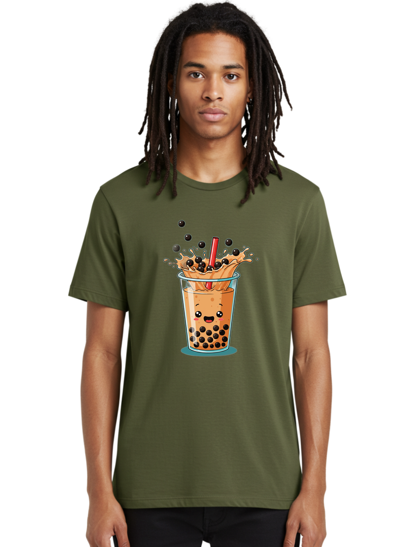 Boba-Drink Men'S Graphic Tee, 100% Cotton, Comfortable Casual Summer Wear, Machine Washable, Boba Tea, Milk Tea, Bubble Tea, Cartoon Illustration, Happy Face, Red Straw, Splashing Tapioca Pearls, Sweet Drink, Fun Beverage, Cute Design Bac646