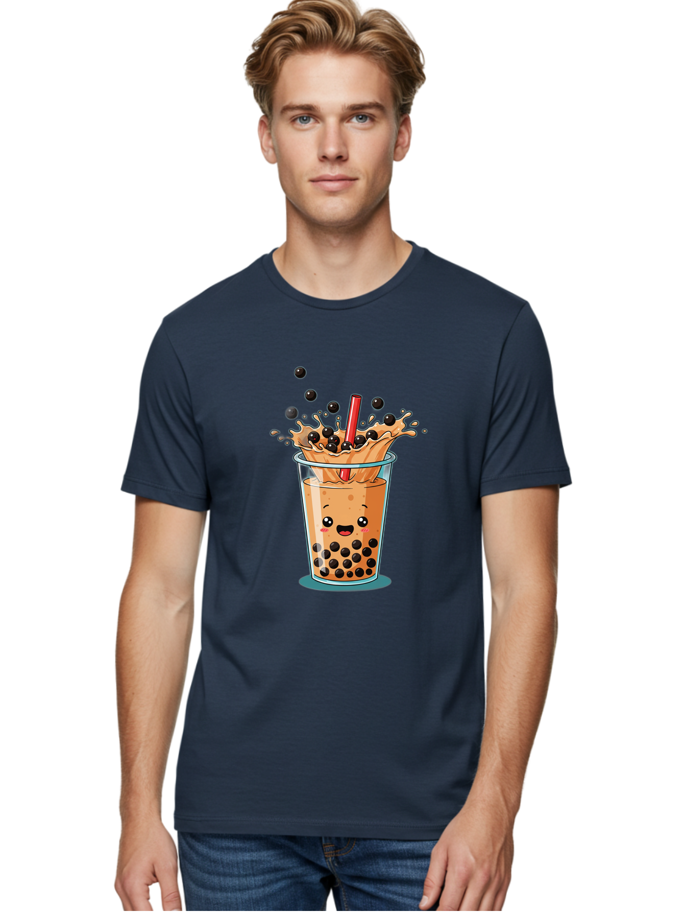 Boba-Drink Men'S Graphic Tee, 100% Cotton, Comfortable Casual Summer Wear, Machine Washable, Boba Tea, Milk Tea, Bubble Tea, Cartoon Illustration, Happy Face, Red Straw, Splashing Tapioca Pearls, Sweet Drink, Fun Beverage, Cute Design Bac646
