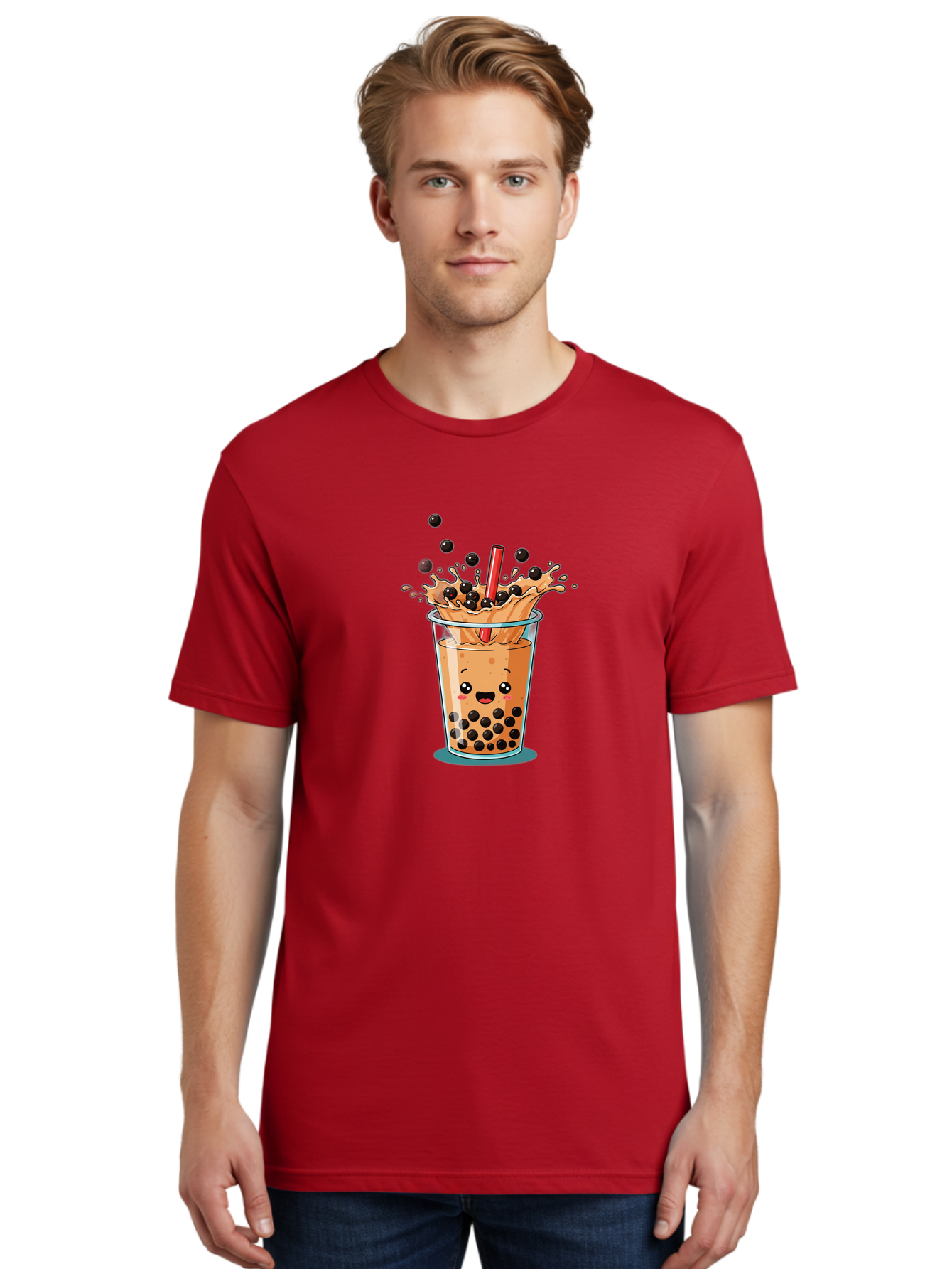 Boba-Drink Men'S Graphic Tee, 100% Cotton, Comfortable Casual Summer Wear, Machine Washable, Boba Tea, Milk Tea, Bubble Tea, Cartoon Illustration, Happy Face, Red Straw, Splashing Tapioca Pearls, Sweet Drink, Fun Beverage, Cute Design Bac646
