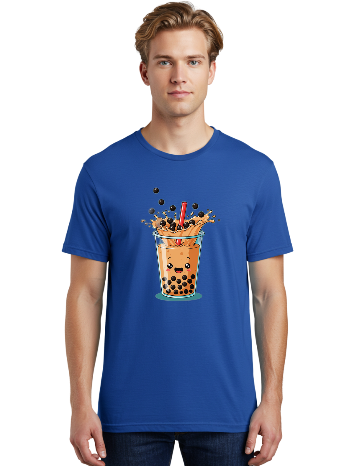 Boba-Drink Men'S Graphic Tee, 100% Cotton, Comfortable Casual Summer Wear, Machine Washable, Boba Tea, Milk Tea, Bubble Tea, Cartoon Illustration, Happy Face, Red Straw, Splashing Tapioca Pearls, Sweet Drink, Fun Beverage, Cute Design Bac646