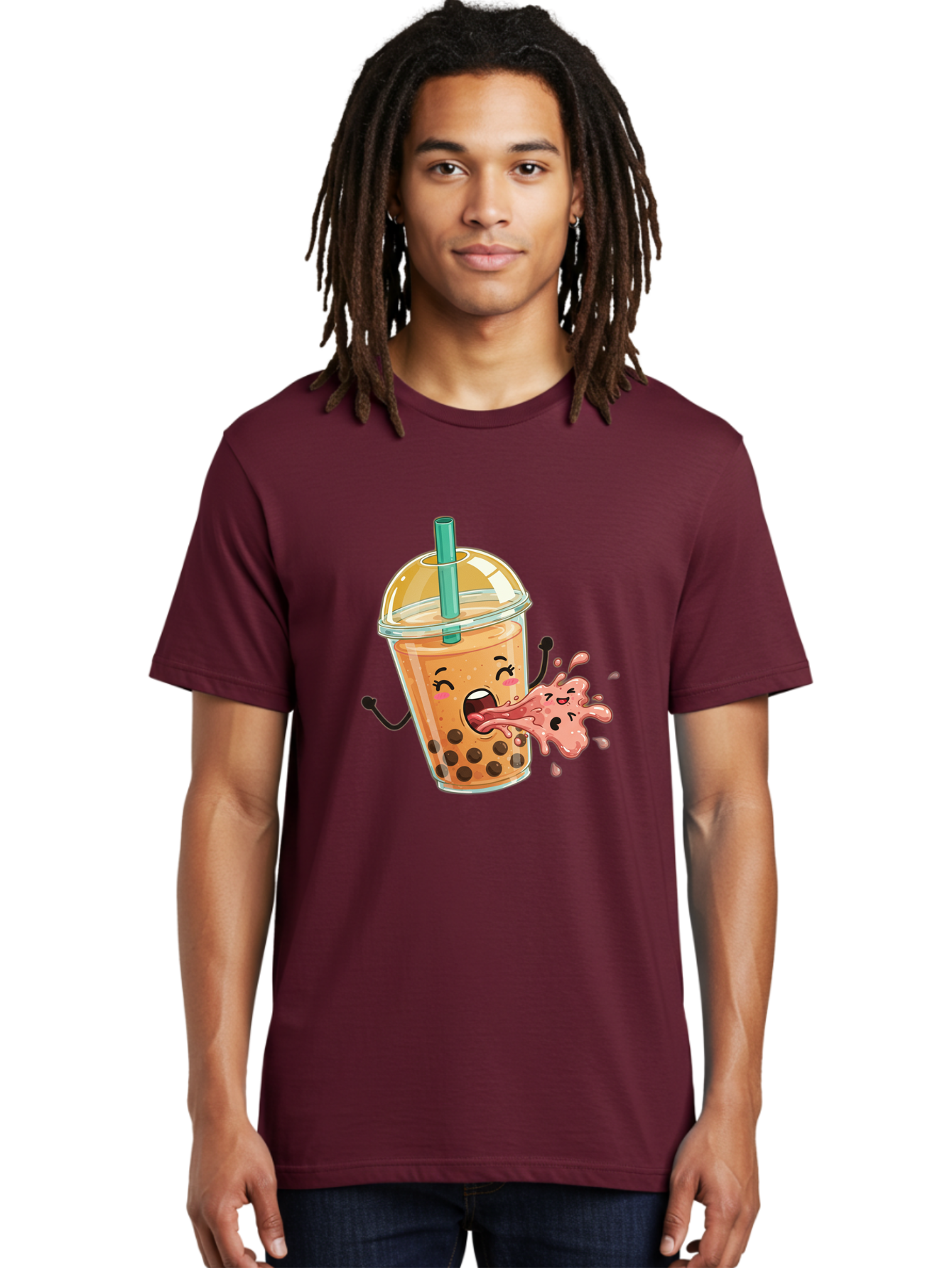 Boba-Face Men'S Graphic Tee, 100% Cotton, Comfortable Casual Summer Wear, Machine Washable, Cartoon Bubble Tea, Boba Drink, Spitting Tea, Cute Character, Funny Illustration, Kawaii Art, Tea Lover, Bubble Tea Lover, Straw, Boba, Milk Tea Bac647