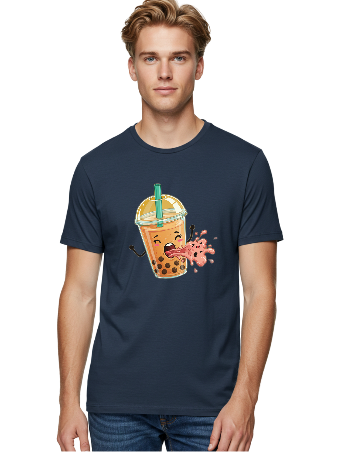Boba-Face Men'S Graphic Tee, 100% Cotton, Comfortable Casual Summer Wear, Machine Washable, Cartoon Bubble Tea, Boba Drink, Spitting Tea, Cute Character, Funny Illustration, Kawaii Art, Tea Lover, Bubble Tea Lover, Straw, Boba, Milk Tea Bac647