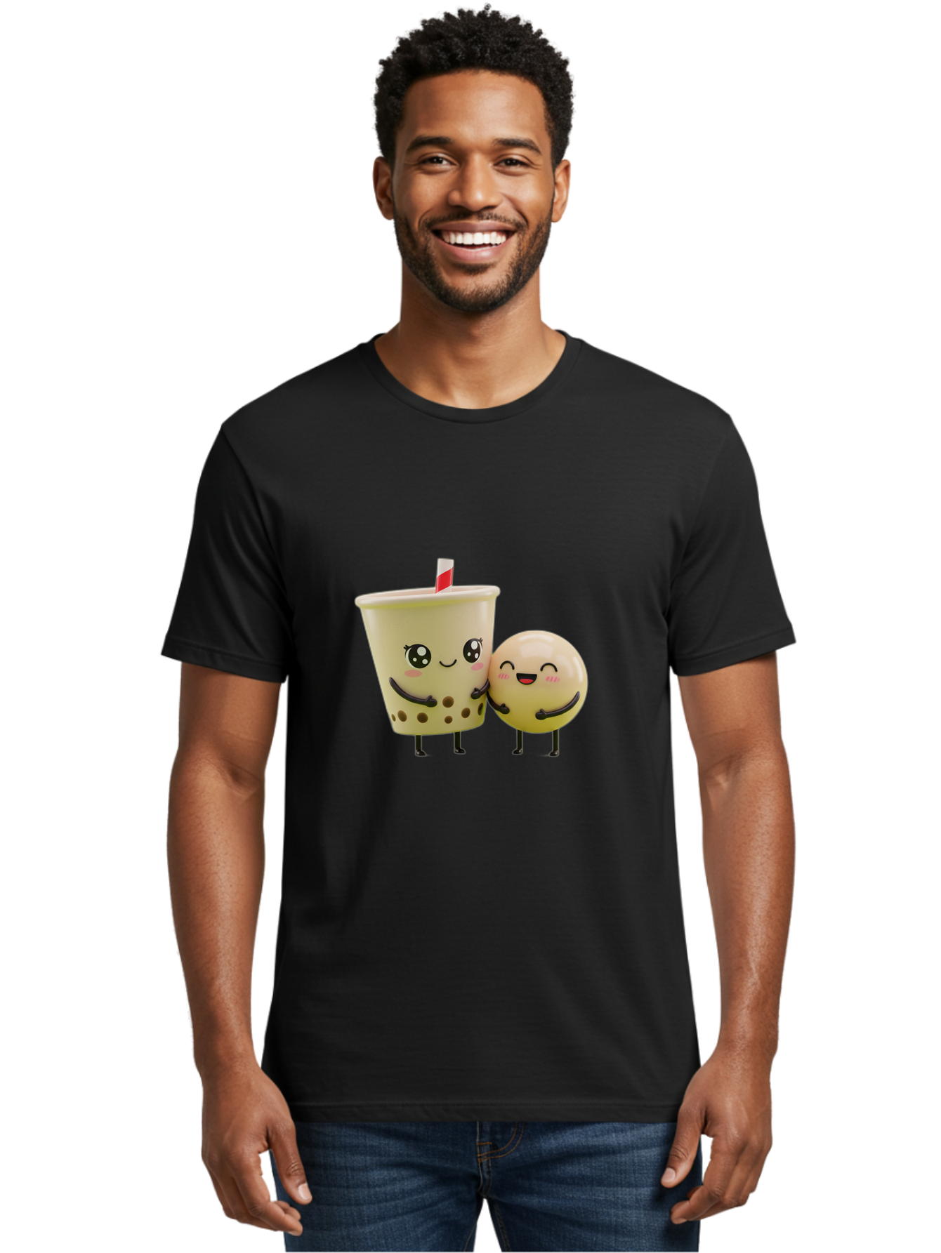 Boba-Friends Men'S Graphic Tee, 100% Cotton, Comfortable Casual Summer Wear, Machine Washable, Boba Tea, Milk Tea, Cartoon Characters, Smiling Faces, Happy Boba, Tea Lovers, Bubble Tea, Cute Illustrations, Friendly Duo, Bubble Tea Culture, Bac648