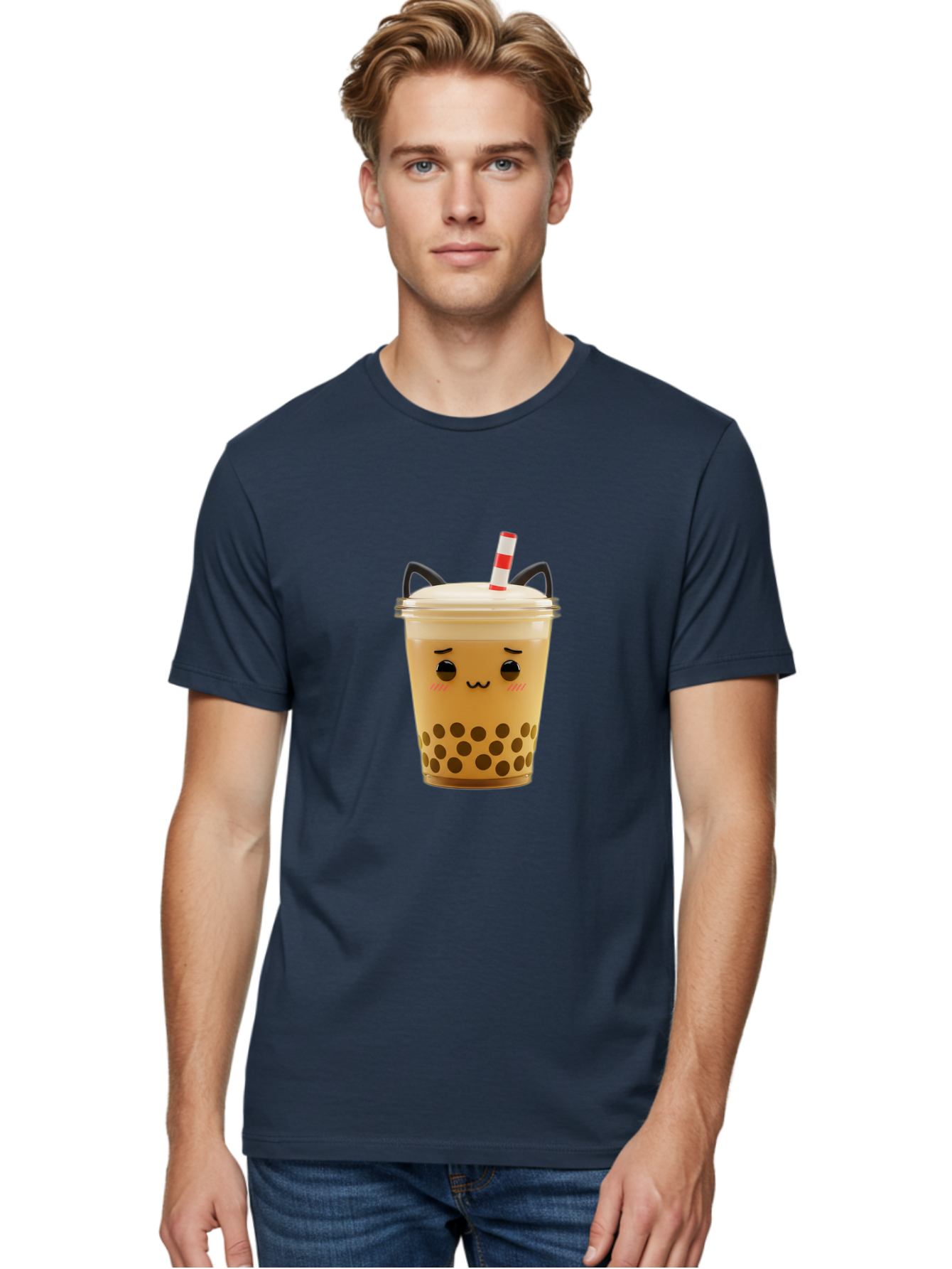 Boba-Tea-1 Men'S Graphic Tee, 100% Cotton, Comfortable Casual Summer Wear, Machine Washable, Cute Boba Tea, Kawaii Drink, Bubble Tea, Cartoon Character, Happy Face, Adorable Design, Sweet Treat, Creamy Texture, Tapioca Pearls, Fun Beverage, Bac650