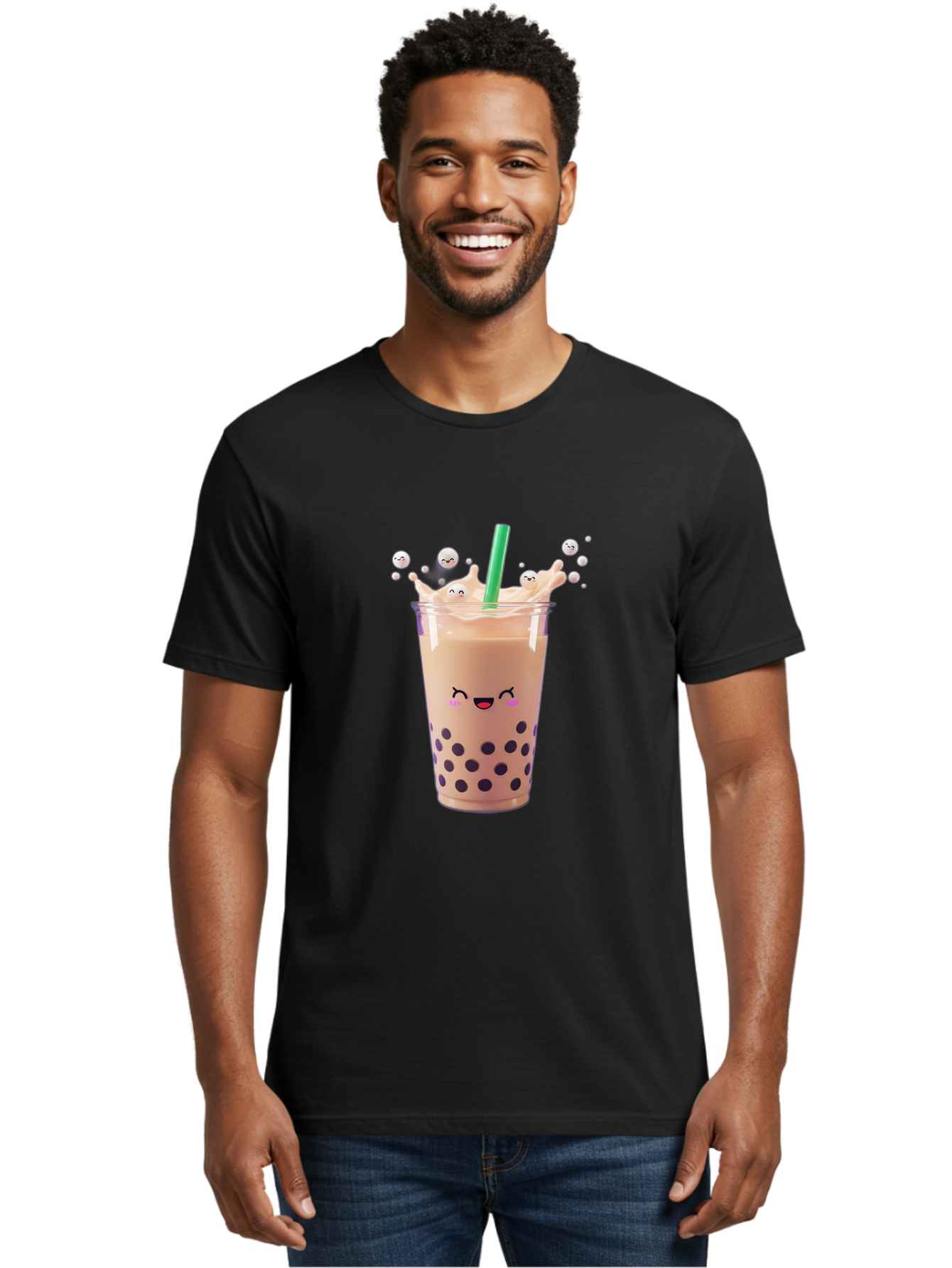 Boba-Tea-10 Men'S Graphic Tee, 100% Cotton, Comfortable Casual Summer Wear, Machine Washable, Milk Tea, Bubble Tea, Boba Drink, Kawaii, Cute, Cartoon Style, Milkshake, Tapioca Pearls Bac651