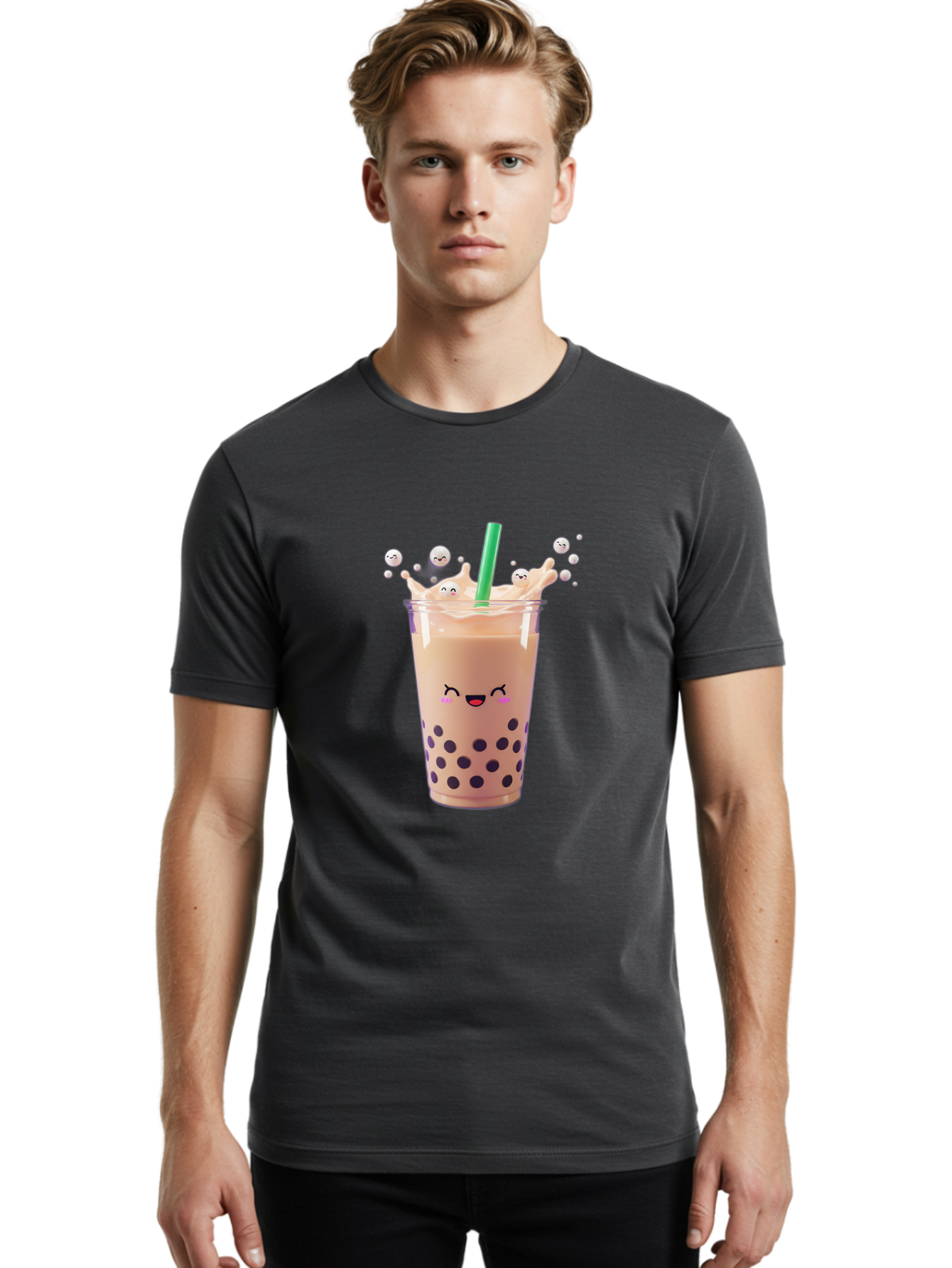 Boba-Tea-10 Men'S Graphic Tee, 100% Cotton, Comfortable Casual Summer Wear, Machine Washable, Milk Tea, Bubble Tea, Boba Drink, Kawaii, Cute, Cartoon Style, Milkshake, Tapioca Pearls Bac651