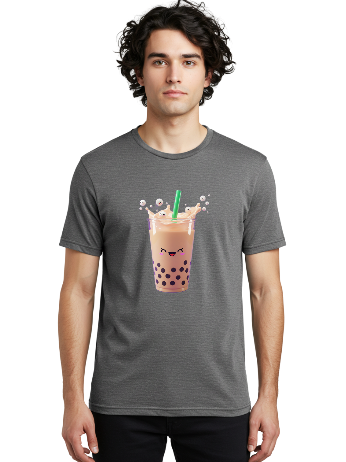 Boba-Tea-10 Men'S Graphic Tee, 100% Cotton, Comfortable Casual Summer Wear, Machine Washable, Milk Tea, Bubble Tea, Boba Drink, Kawaii, Cute, Cartoon Style, Milkshake, Tapioca Pearls Bac651