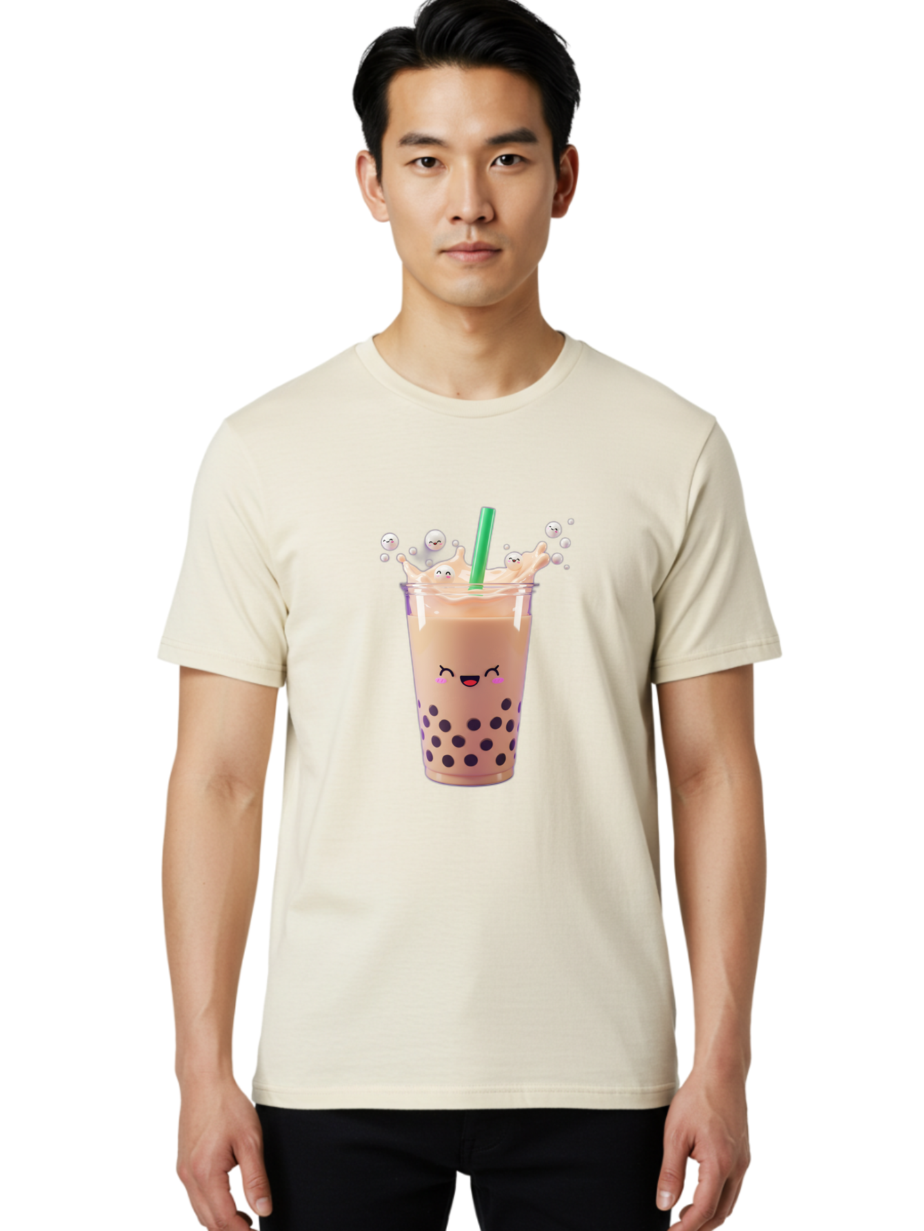 Boba-Tea-10 Men'S Graphic Tee, 100% Cotton, Comfortable Casual Summer Wear, Machine Washable, Milk Tea, Bubble Tea, Boba Drink, Kawaii, Cute, Cartoon Style, Milkshake, Tapioca Pearls Bac651