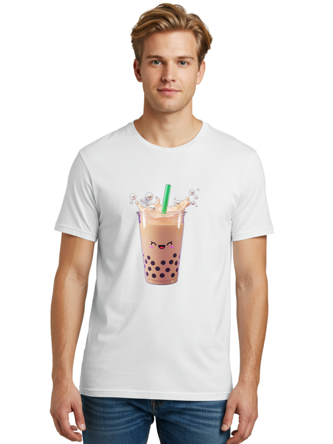Boba-Tea-10 Men'S Graphic Tee, 100% Cotton, Comfortable Casual Summer Wear, Machine Washable, Milk Tea, Bubble Tea, Boba Drink, Kawaii, Cute, Cartoon Style, Milkshake, Tapioca Pearls Bac651