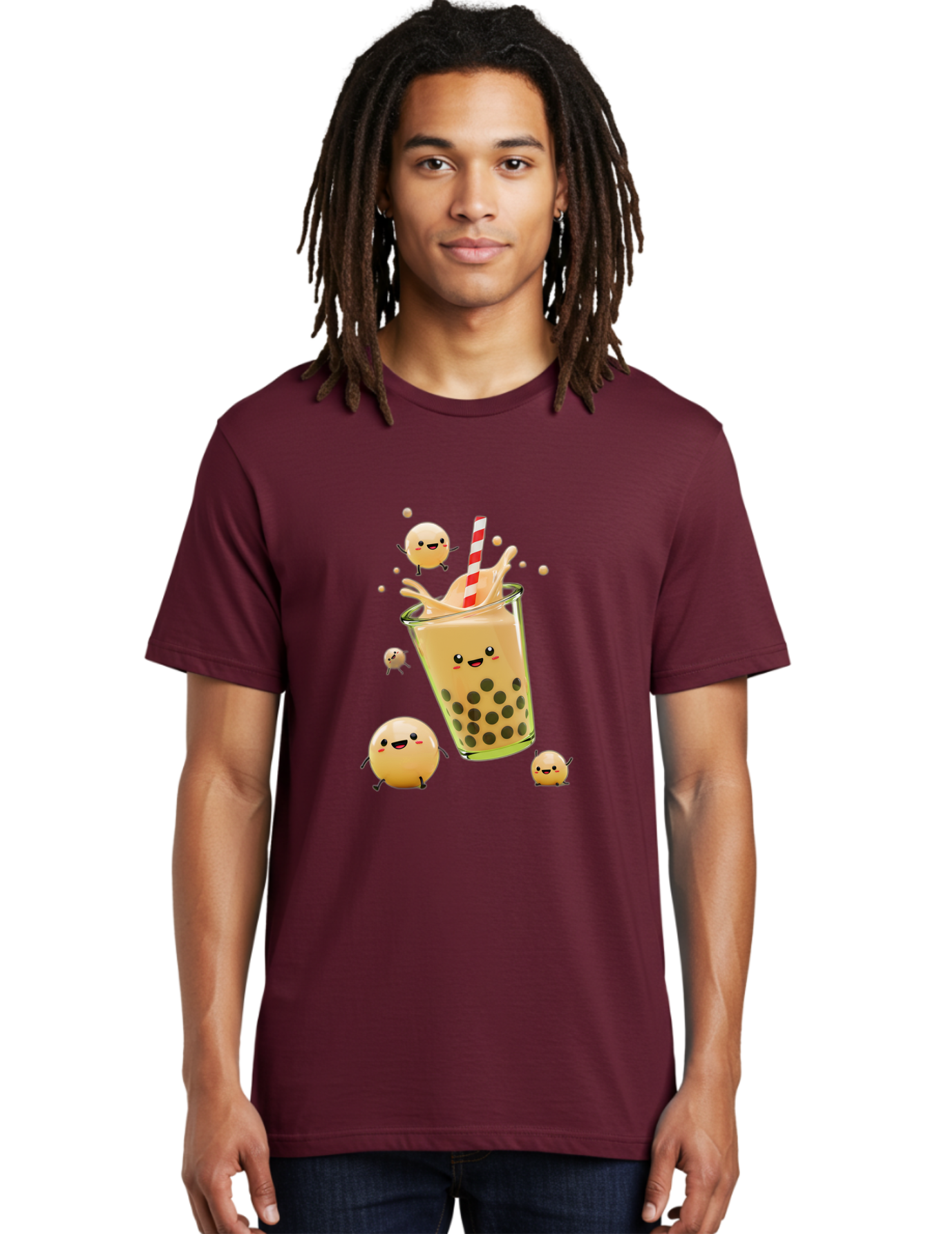 Boba-Tea-12 Men'S Graphic Tee, 100% Cotton, Comfortable Casual Summer Wear, Machine Washable, Bubble Tea Drink, Cartoon Bubbles, Smiling Faces, Fun Beverage, Playful Illustration, Boba Tea, Happy Characters, Animated Drink Bac653