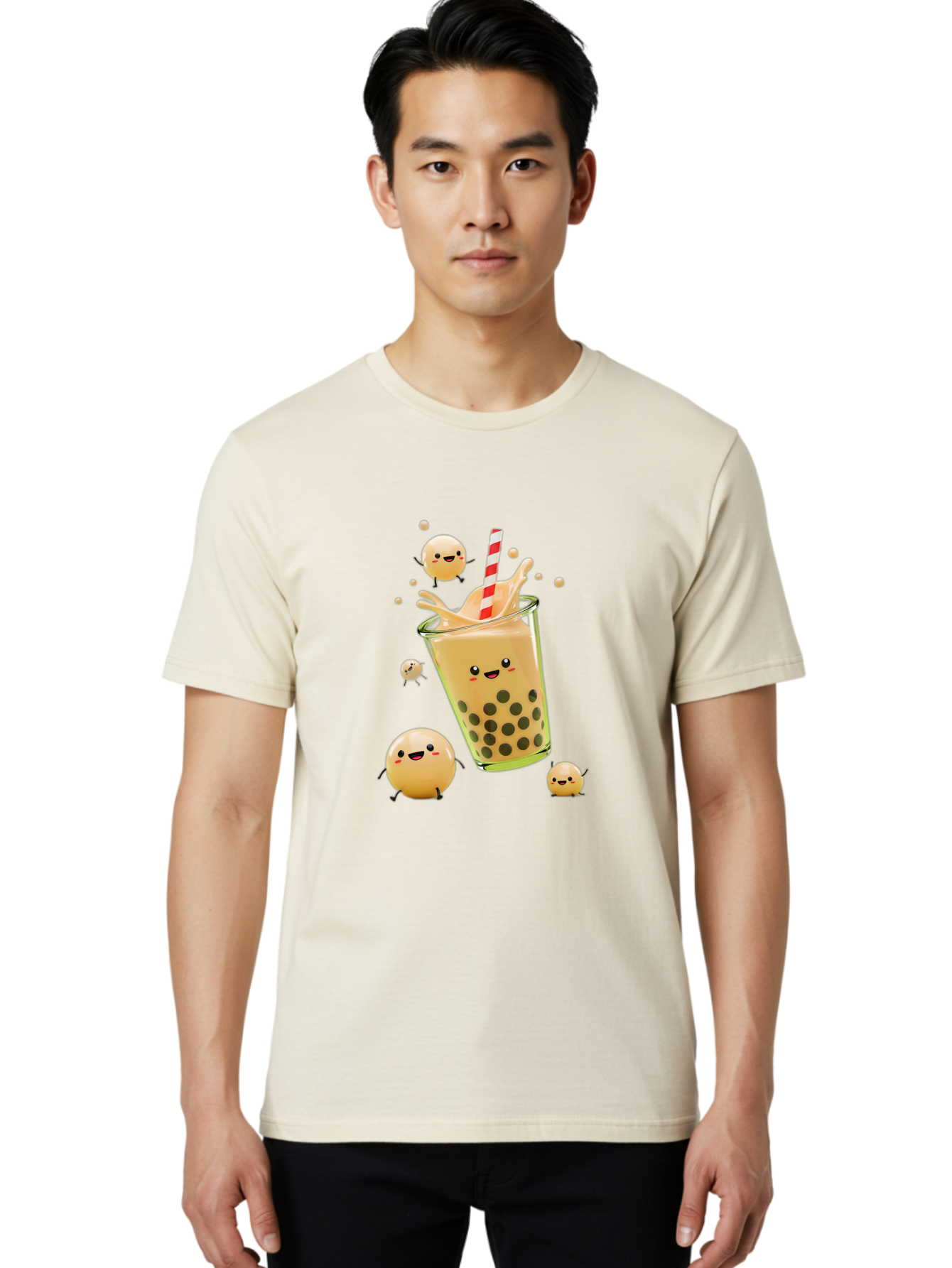 Boba-Tea-12 Men'S Graphic Tee, 100% Cotton, Comfortable Casual Summer Wear, Machine Washable, Bubble Tea Drink, Cartoon Bubbles, Smiling Faces, Fun Beverage, Playful Illustration, Boba Tea, Happy Characters, Animated Drink Bac653