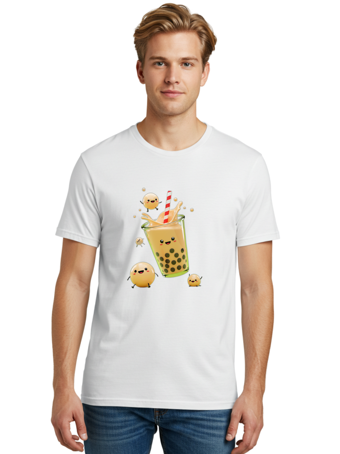Boba-Tea-12 Men'S Graphic Tee, 100% Cotton, Comfortable Casual Summer Wear, Machine Washable, Bubble Tea Drink, Cartoon Bubbles, Smiling Faces, Fun Beverage, Playful Illustration, Boba Tea, Happy Characters, Animated Drink Bac653