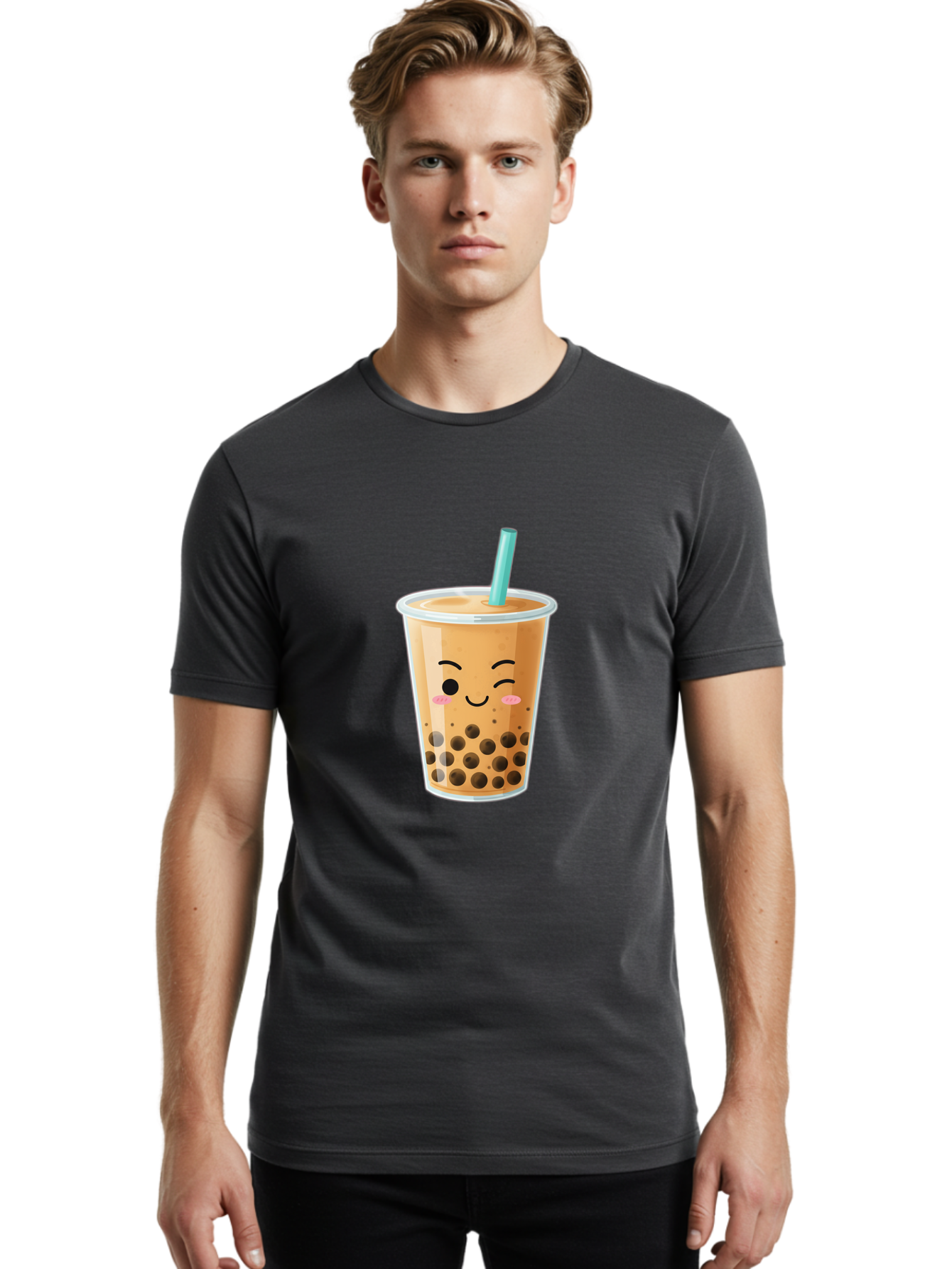 Boba-Tea-15 Men'S Graphic Tee, 100% Cotton, Comfortable Casual Summer Wear, Machine Washable, Boba Tea, Milk Tea, Bubble Tea, Kawaii Drink, Cute Straw, Plastic Cup, Black Boba, Tea Time, Winking Face, Rosy Cheeks, Black Boba Pearls, Bac656