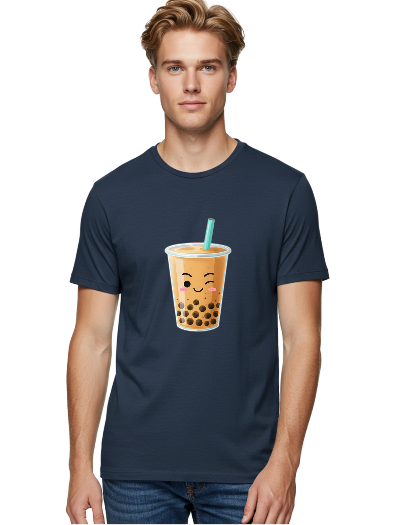 Boba-Tea-15 Men'S Graphic Tee, 100% Cotton, Comfortable Casual Summer Wear, Machine Washable, Boba Tea, Milk Tea, Bubble Tea, Kawaii Drink, Cute Straw, Plastic Cup, Black Boba, Tea Time, Winking Face, Rosy Cheeks, Black Boba Pearls, Bac656