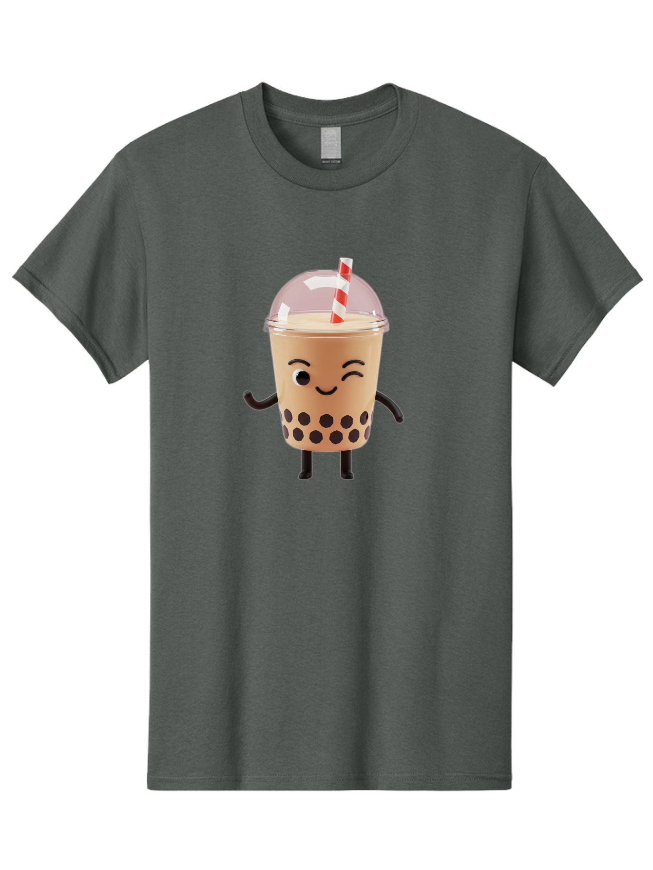Boba-Tea-16 Men'S Graphic Tee, 100% Cotton, Comfortable Casual Summer Wear, Machine Washable, Boba Tea, Milk Tea, Bubble Tea, Cartoon Character, Smiling Face, Black Bobas, Red And White Straw, Tea Cup Bac657