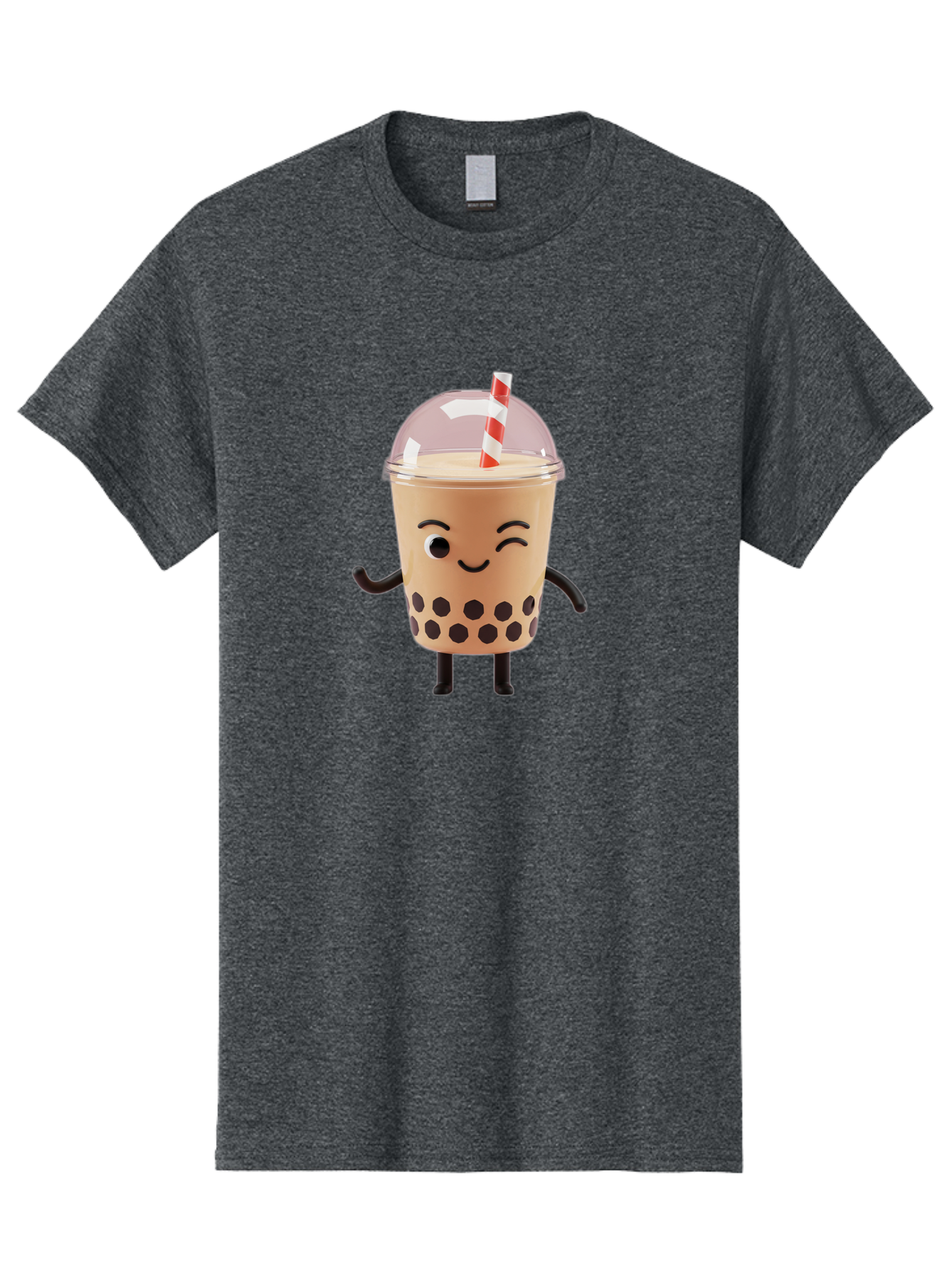 Boba-Tea-16 Men'S Graphic Tee, 100% Cotton, Comfortable Casual Summer Wear, Machine Washable, Boba Tea, Milk Tea, Bubble Tea, Cartoon Character, Smiling Face, Black Bobas, Red And White Straw, Tea Cup Bac657