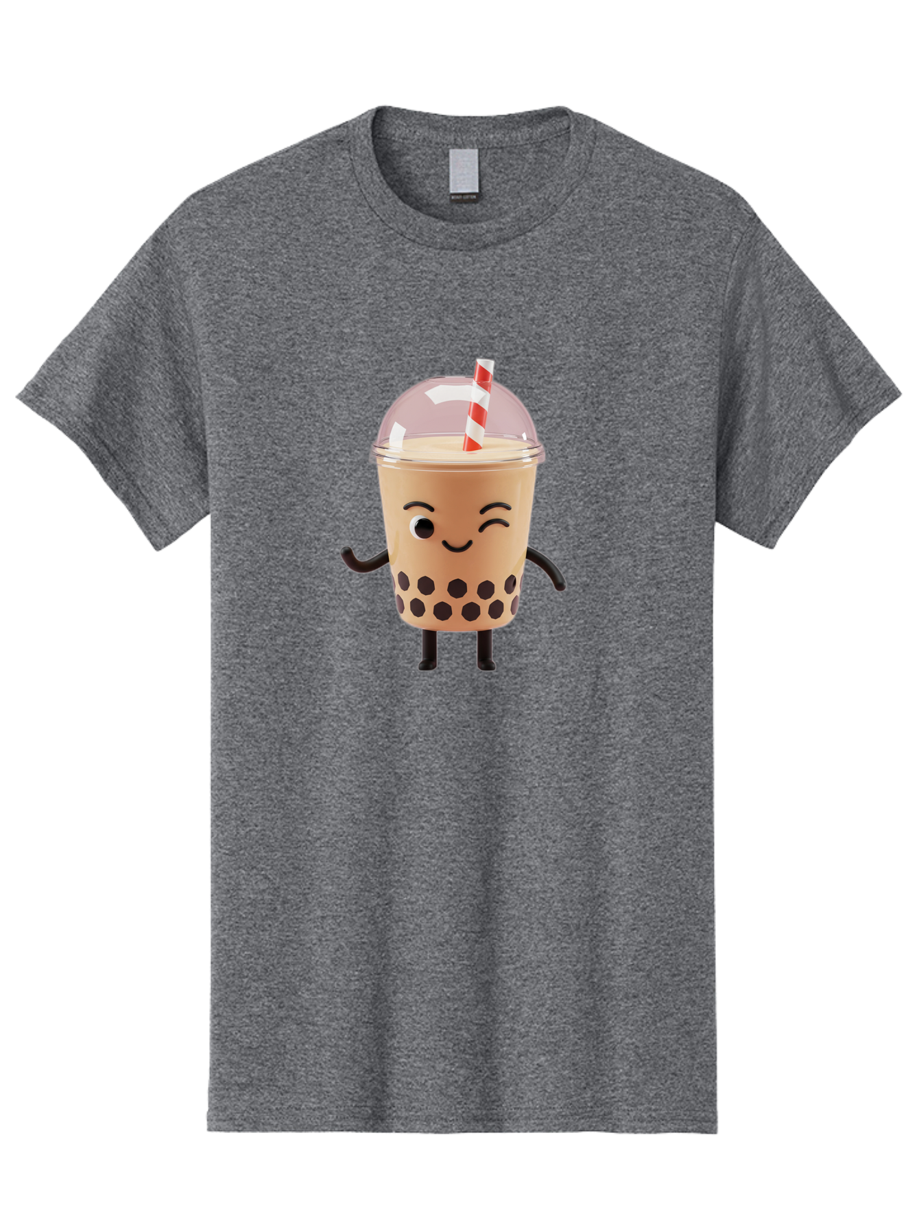 Boba-Tea-16 Men'S Graphic Tee, 100% Cotton, Comfortable Casual Summer Wear, Machine Washable, Boba Tea, Milk Tea, Bubble Tea, Cartoon Character, Smiling Face, Black Bobas, Red And White Straw, Tea Cup Bac657