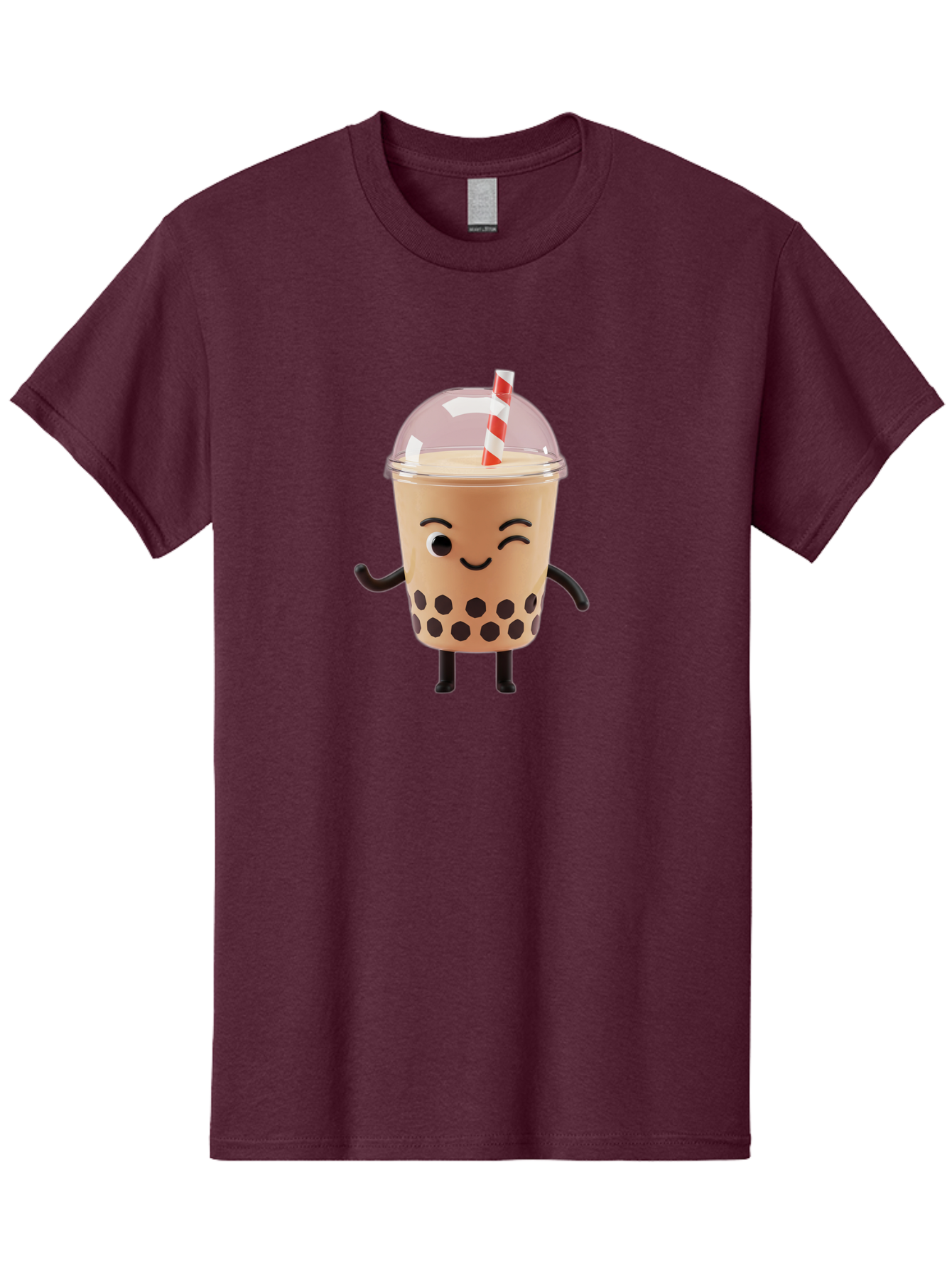Boba-Tea-16 Men'S Graphic Tee, 100% Cotton, Comfortable Casual Summer Wear, Machine Washable, Boba Tea, Milk Tea, Bubble Tea, Cartoon Character, Smiling Face, Black Bobas, Red And White Straw, Tea Cup Bac657
