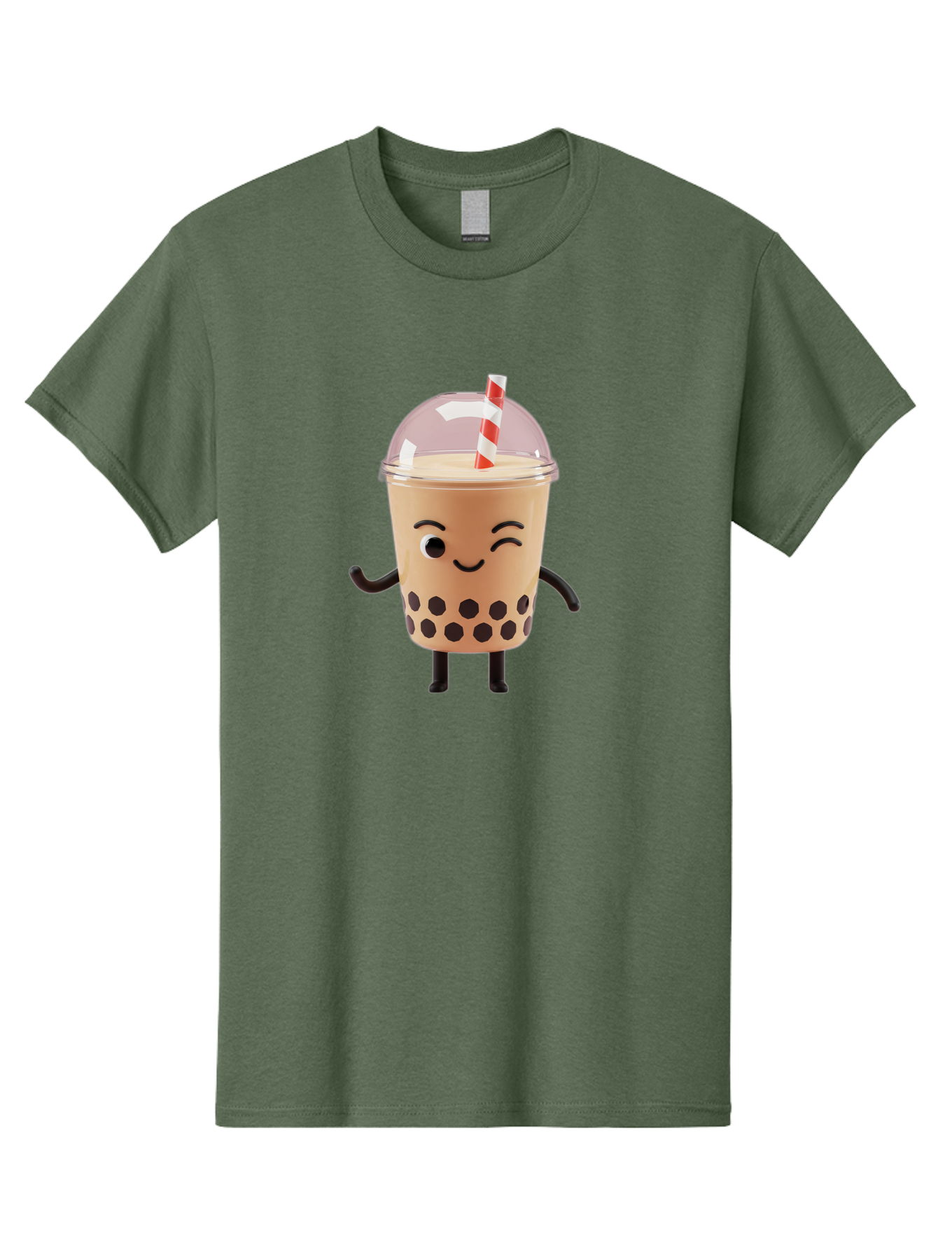 Boba-Tea-16 Men'S Graphic Tee, 100% Cotton, Comfortable Casual Summer Wear, Machine Washable, Boba Tea, Milk Tea, Bubble Tea, Cartoon Character, Smiling Face, Black Bobas, Red And White Straw, Tea Cup Bac657