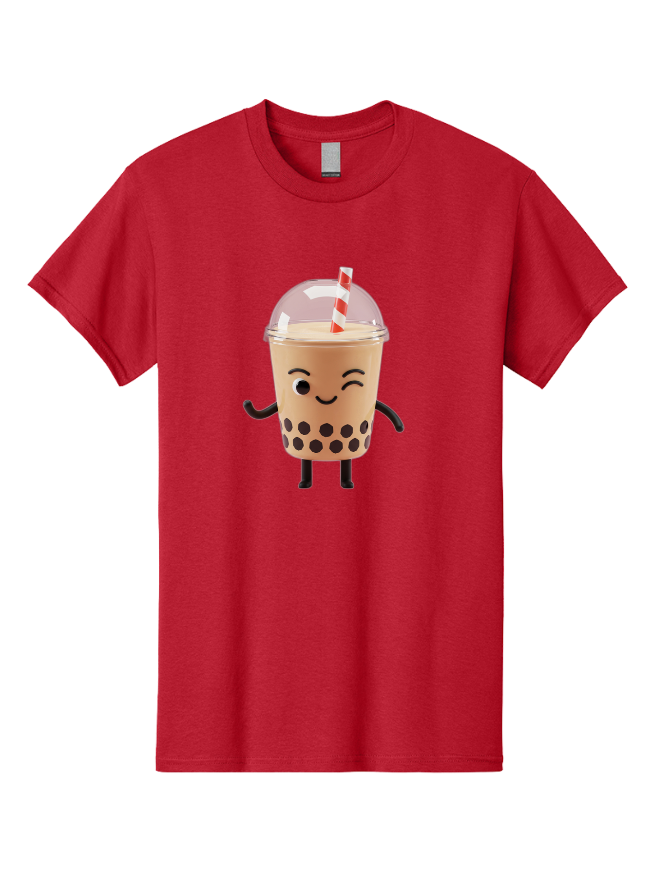 Boba-Tea-16 Men'S Graphic Tee, 100% Cotton, Comfortable Casual Summer Wear, Machine Washable, Boba Tea, Milk Tea, Bubble Tea, Cartoon Character, Smiling Face, Black Bobas, Red And White Straw, Tea Cup Bac657