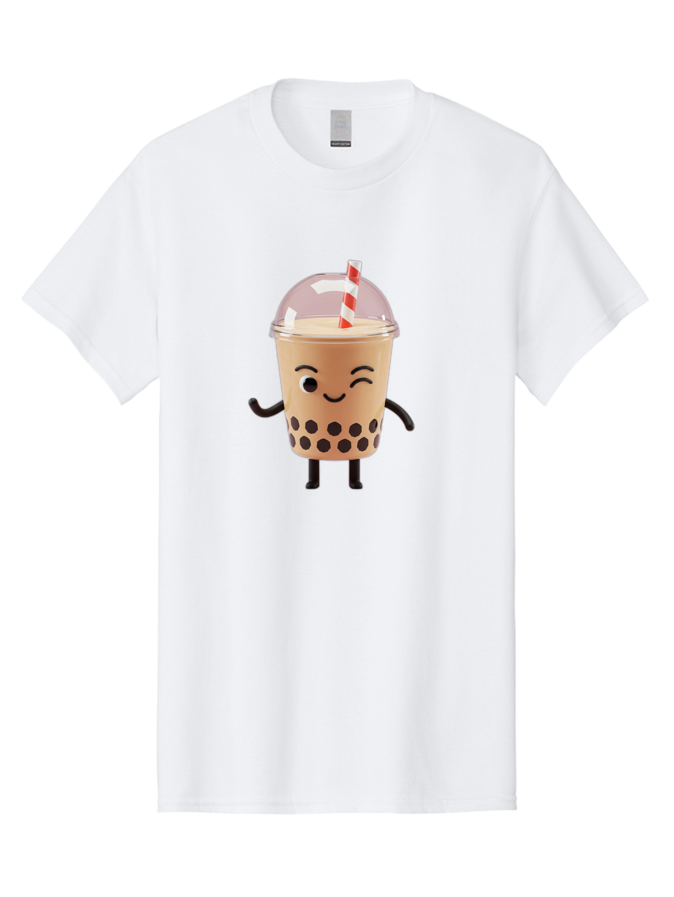 Boba-Tea-16 Men'S Graphic Tee, 100% Cotton, Comfortable Casual Summer Wear, Machine Washable, Boba Tea, Milk Tea, Bubble Tea, Cartoon Character, Smiling Face, Black Bobas, Red And White Straw, Tea Cup Bac657