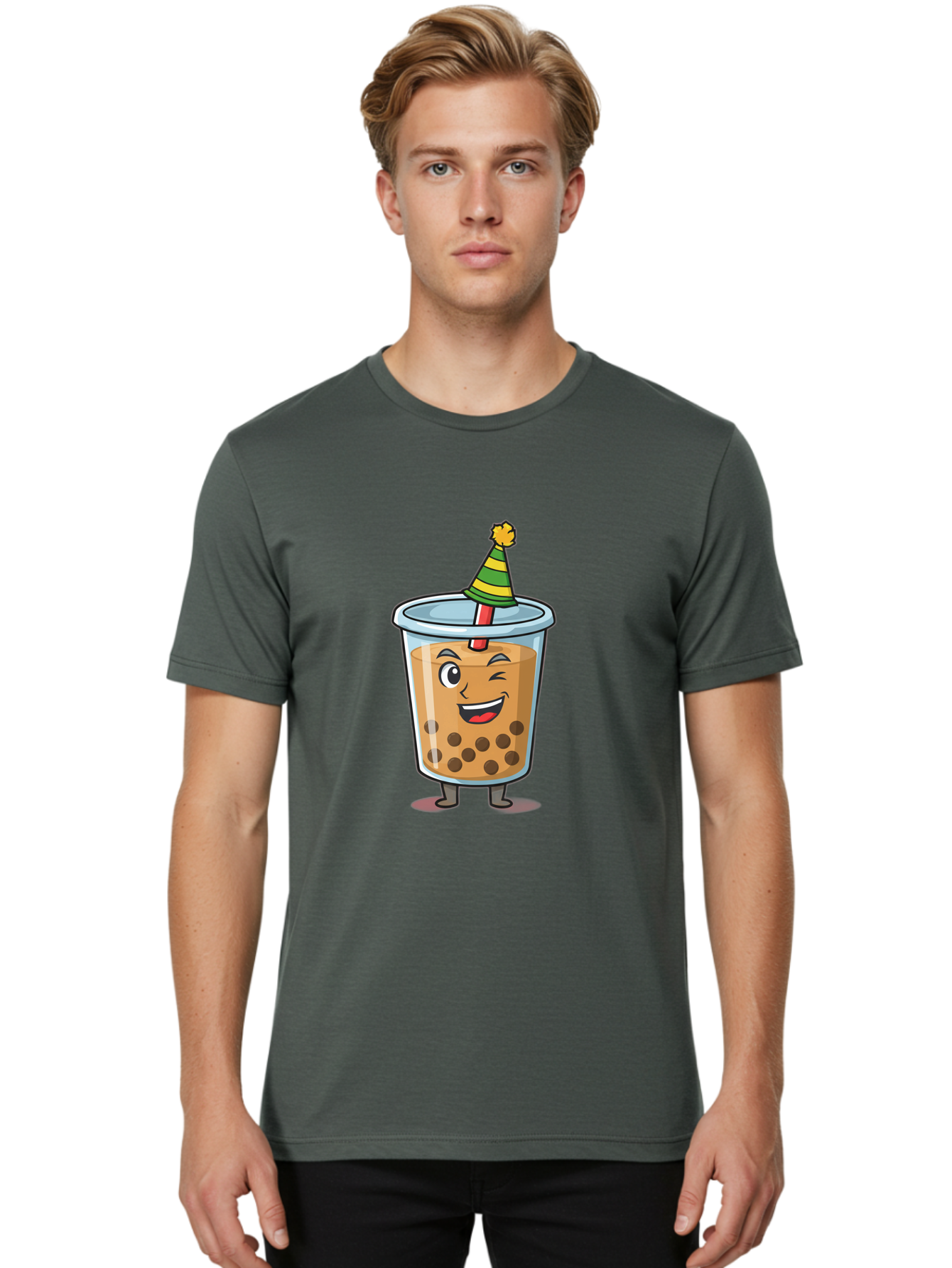 Boba-Tea-17 Men'S Graphic Tee, 100% Cotton, Comfortable Casual Summer Wear, Machine Washable, Cartoon Bubble Tea, Party Hat, Festive Boba, Smiling Drink, Fun Beverage, Animated Character, Cute Boba Tea Bac658